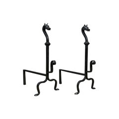 Vintage Pair of Large Wrought Iron Firedogs French Andirons Forged Art Deco 20th Century