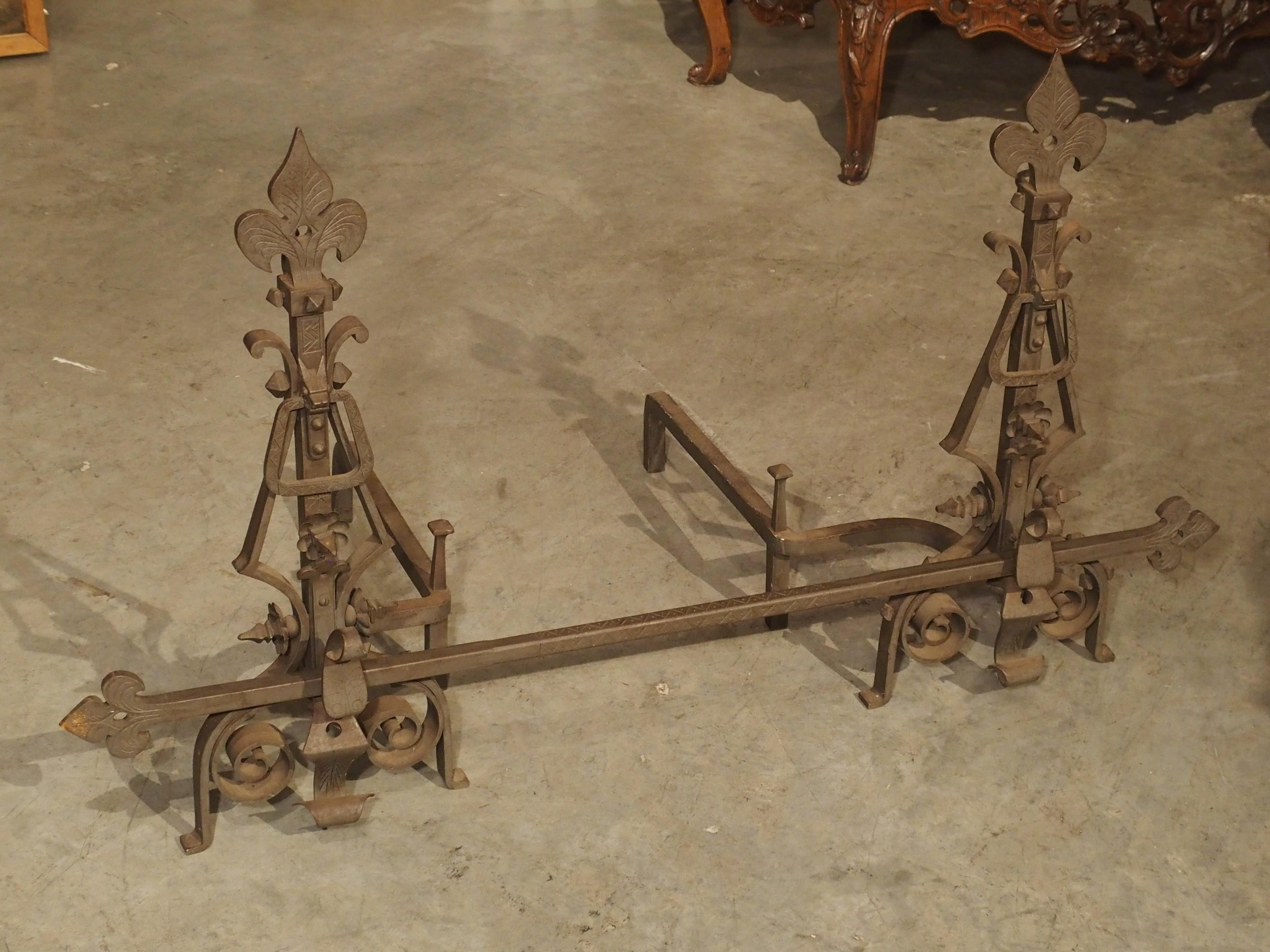 Pair of Large Wrought Iron Fleur De Lys Chenets with Cross Bar For Sale 5