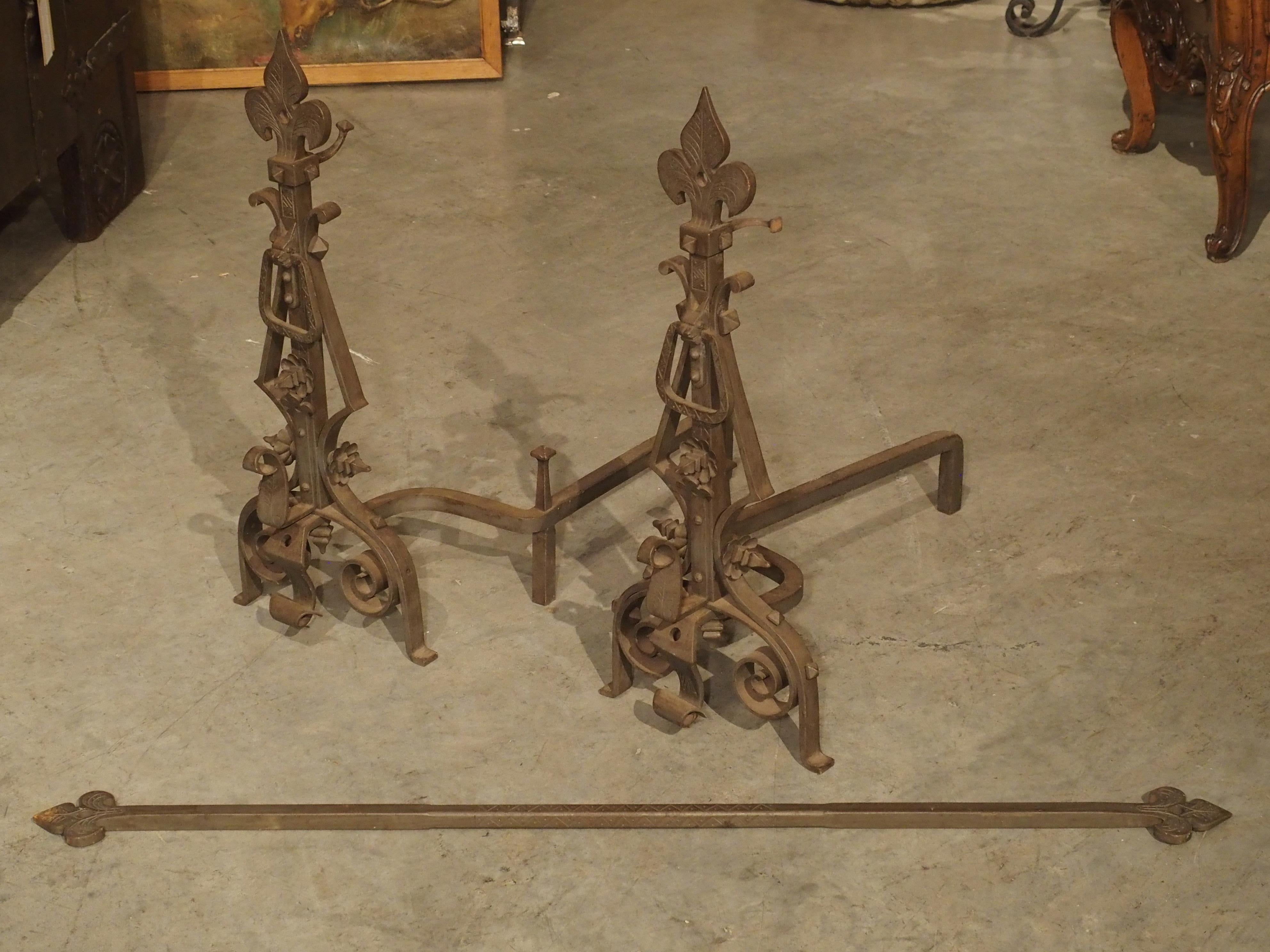Pair of Large Wrought Iron Fleur De Lys Chenets with Cross Bar For Sale 6