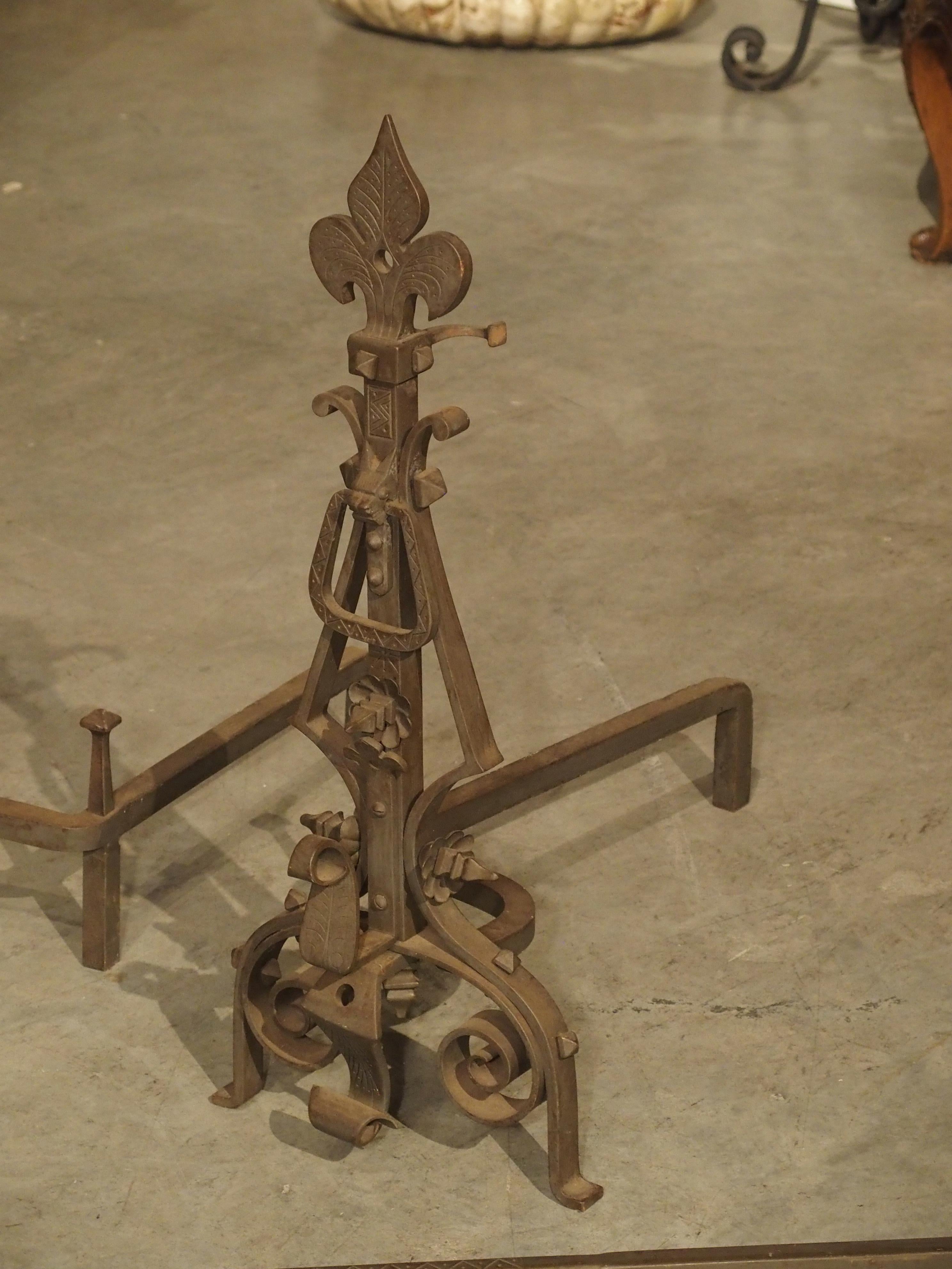 Pair of Large Wrought Iron Fleur De Lys Chenets with Cross Bar For Sale 7