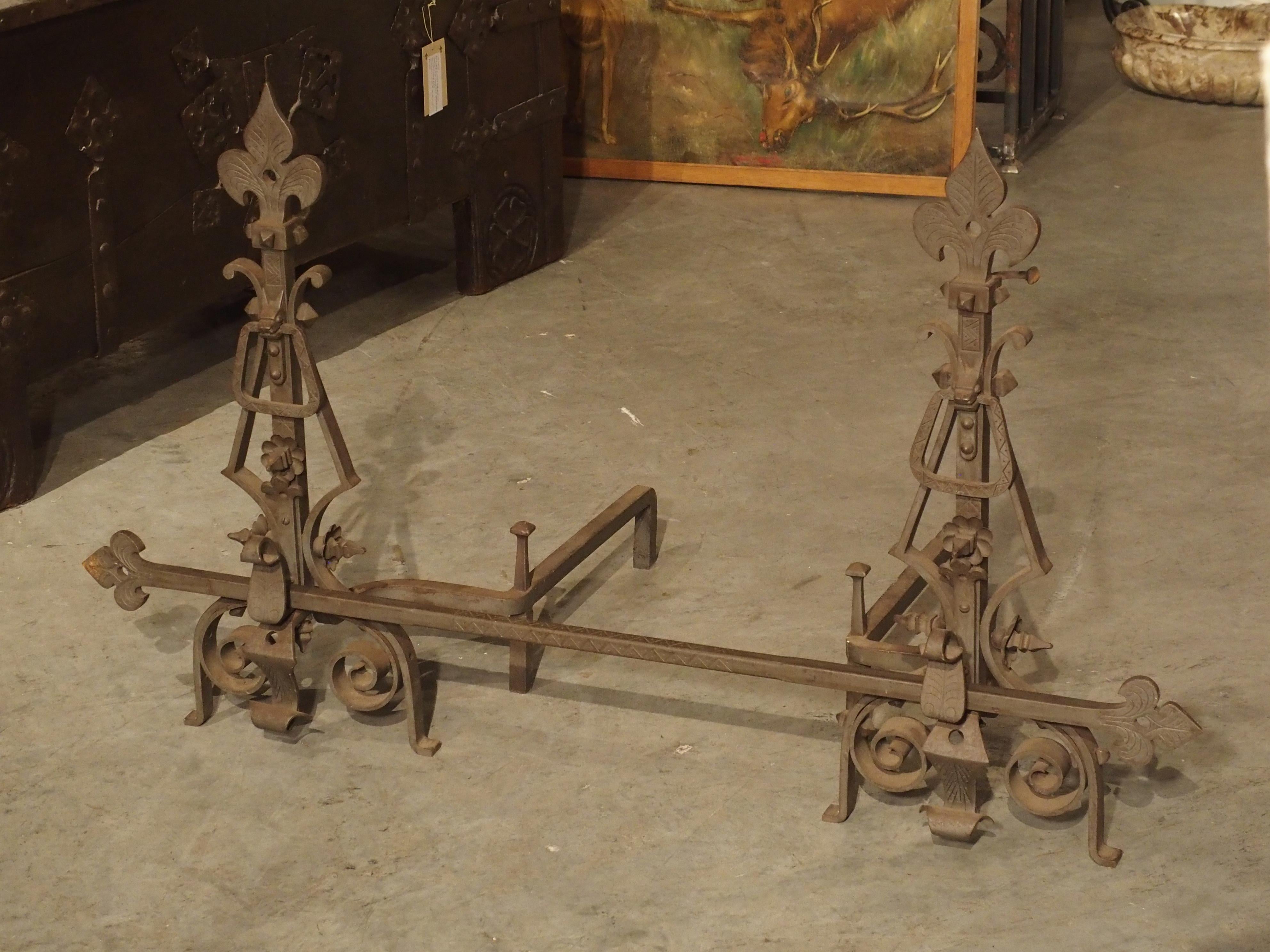 Pair of Large Wrought Iron Fleur De Lys Chenets with Cross Bar For Sale 8