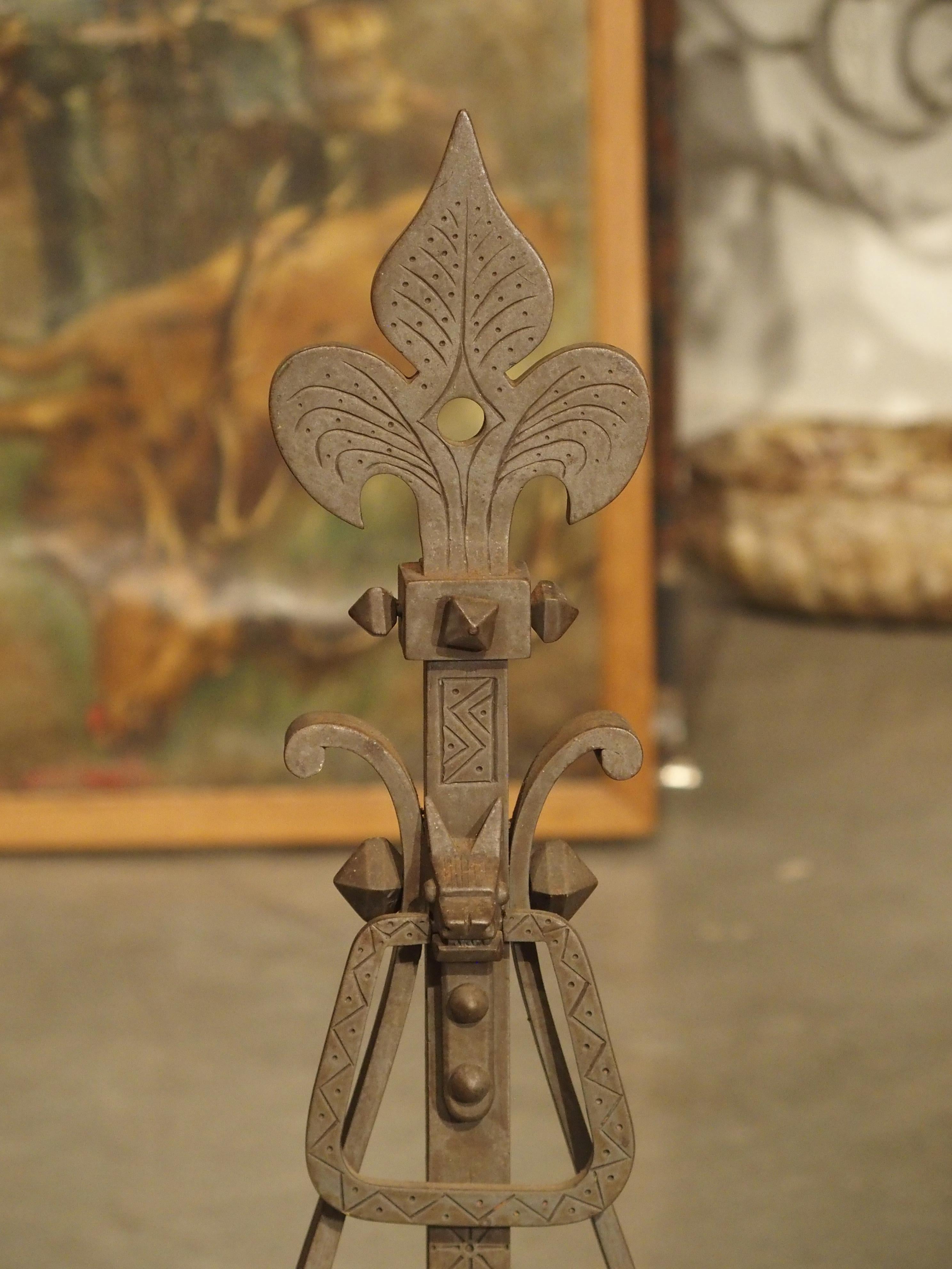 Pair of Large Wrought Iron Fleur De Lys Chenets with Cross Bar For Sale 1