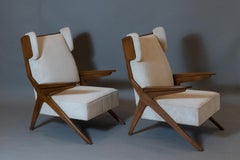 Pair of Large X-Leg Wingback Armchairs in Walnut, Italy 1950's