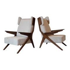 Pair of Large X-Leg Wingback Armchairs in Walnut, Italy 1950's