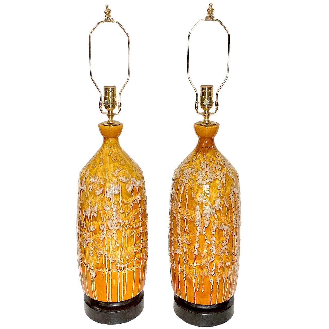 Pair of Large Yellow Ceramic Table Lamps For Sale