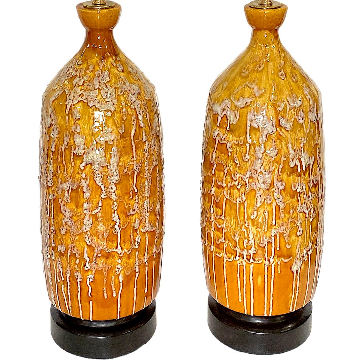 Porcelain Pair of Large Yellow Ceramic Table Lamps For Sale