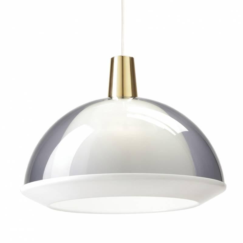Pair of Large Yki Nummi 'Kuplat' Pendants in Smoke Gray. Designed in 1959, Nummi's iconic light consists of two acrylic shades of different colors, one nesting inside the other. The name Kuplat means bubbles in Finnish. As Nummi once astutely
