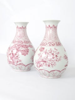 Pair Large 19th Century Chinese "Friends Of Winter Pink & White Pear Shape Vases