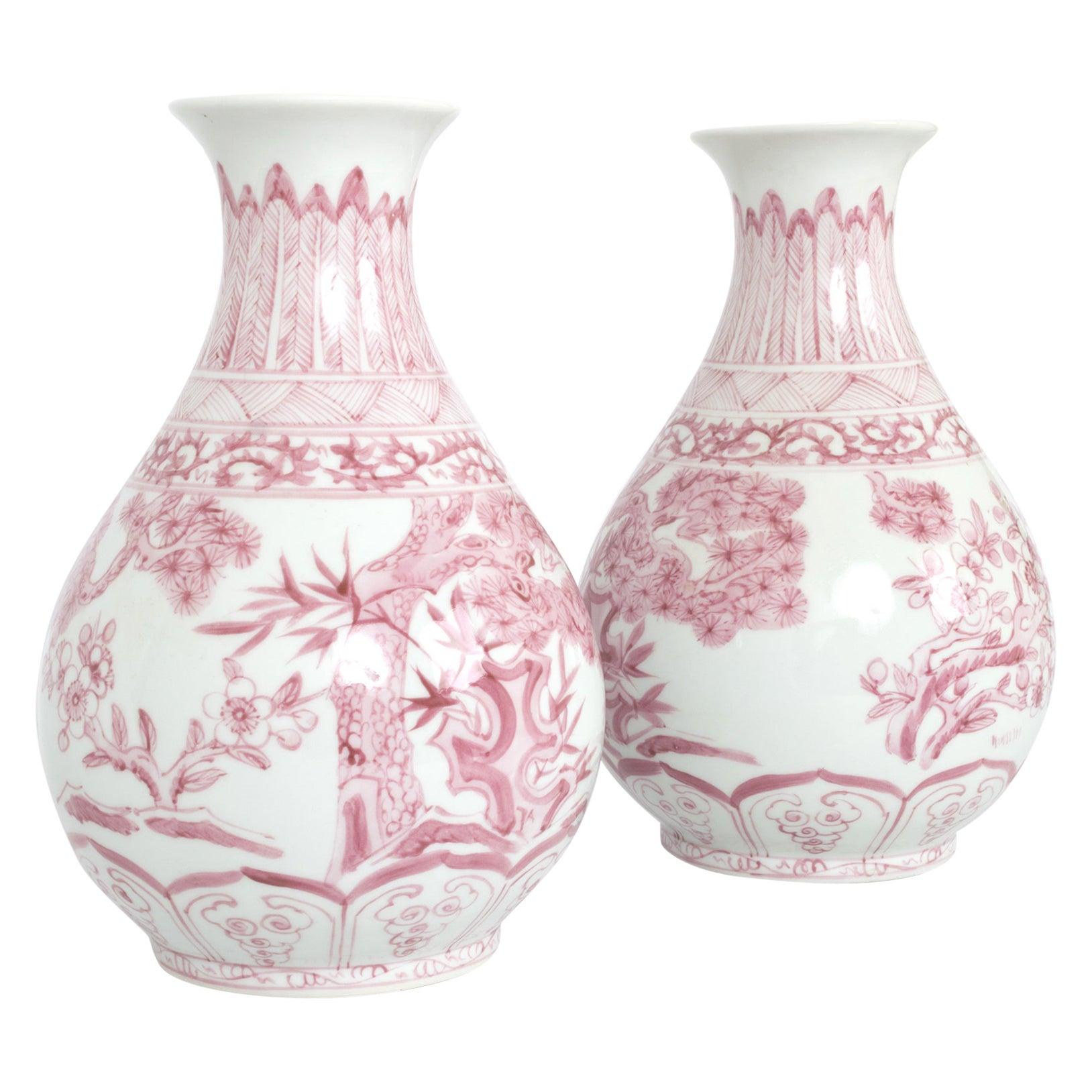 Pair of Large Yongzheng Chinese Baluster Vases Pink & White, China, 18th Century