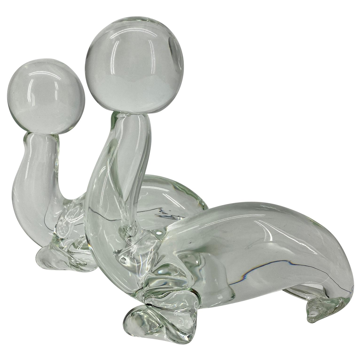 Italian Pair Large Zanetti Glass Seal Sculptures, Murano, Italy For Sale