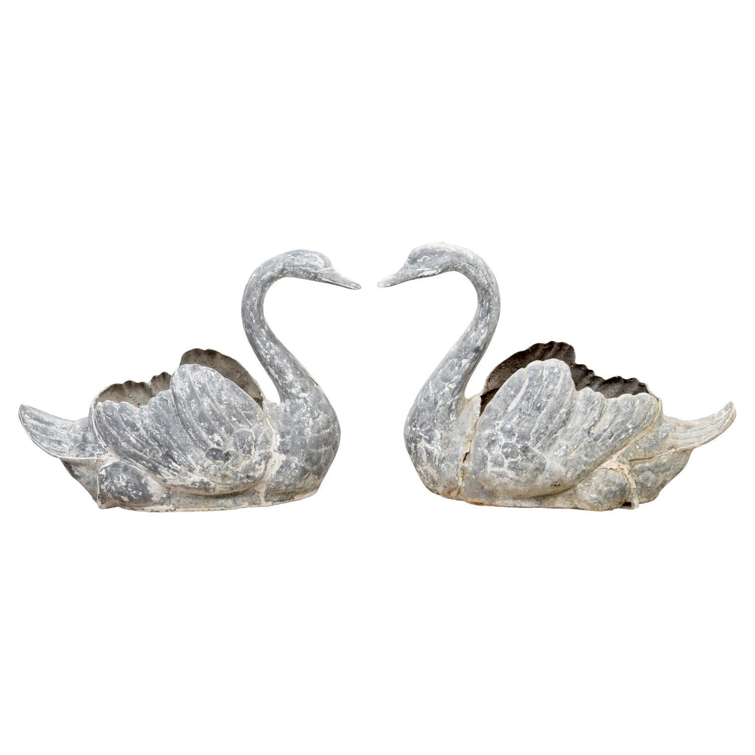 Pair of Large Zinc Swan Planters