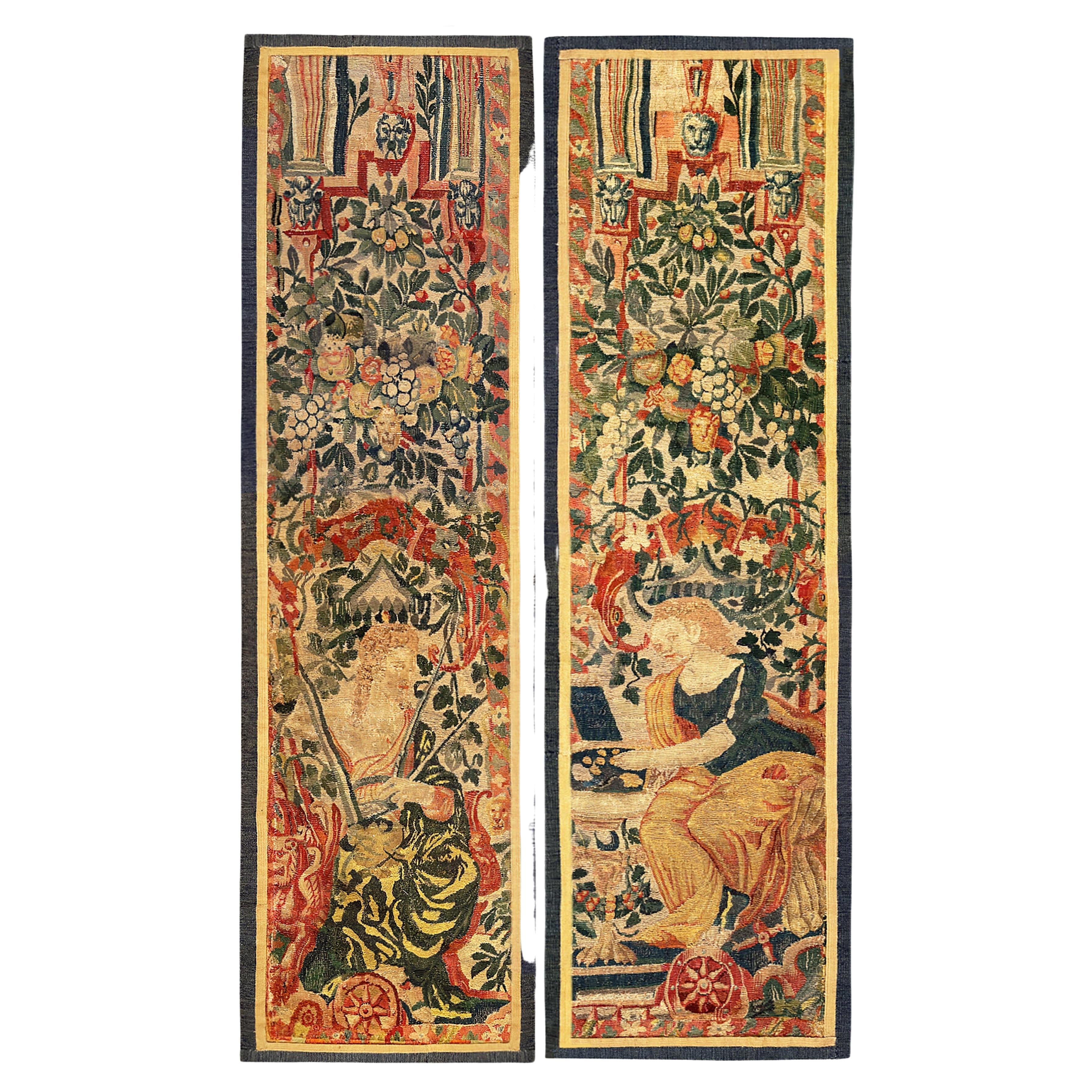 Pair of Late 16th Century Brussels Tapestry Panels, Vertical, w/ Women & Flowers For Sale