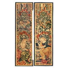 Antique Pair of Late 16th Century Brussels Tapestry Panels, Vertical, w/ Women & Flowers