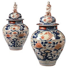Pair of Late 17th Century Edo Period Japanese Arita Imari Vases and Covers