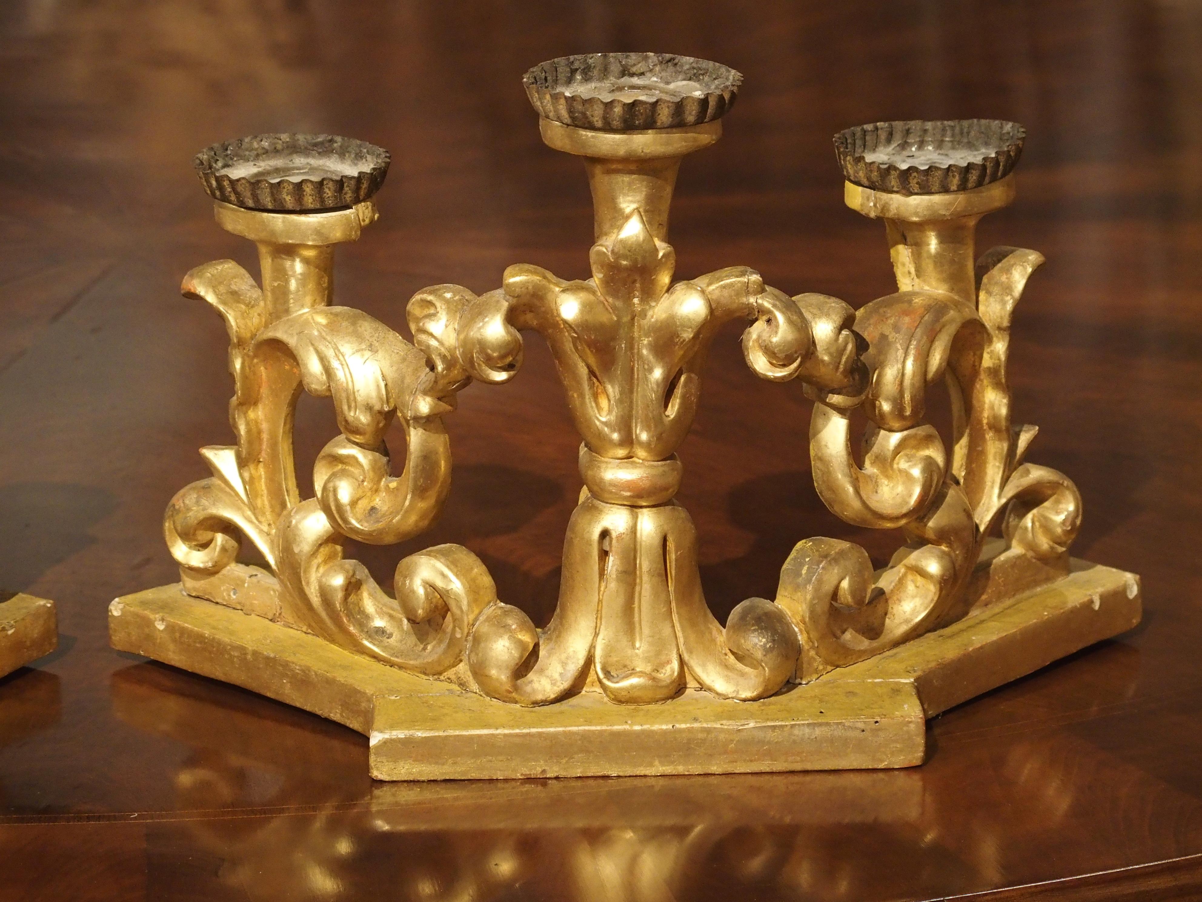 Pair of Late 17th Century Italian Giltwood Three-Light Candlesticks In Good Condition In Dallas, TX