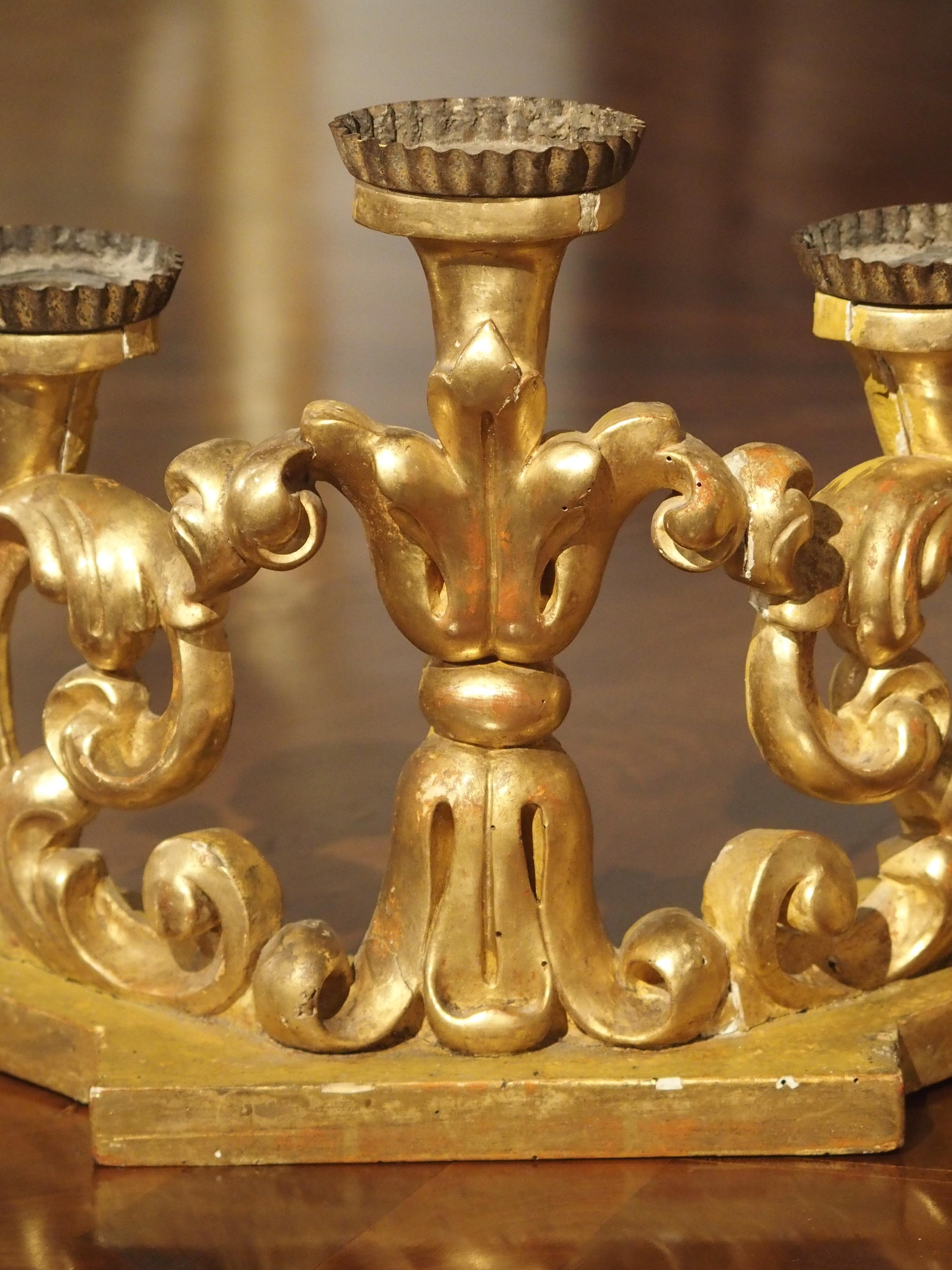 Pair of Late 17th Century Italian Giltwood Three-Light Candlesticks 2