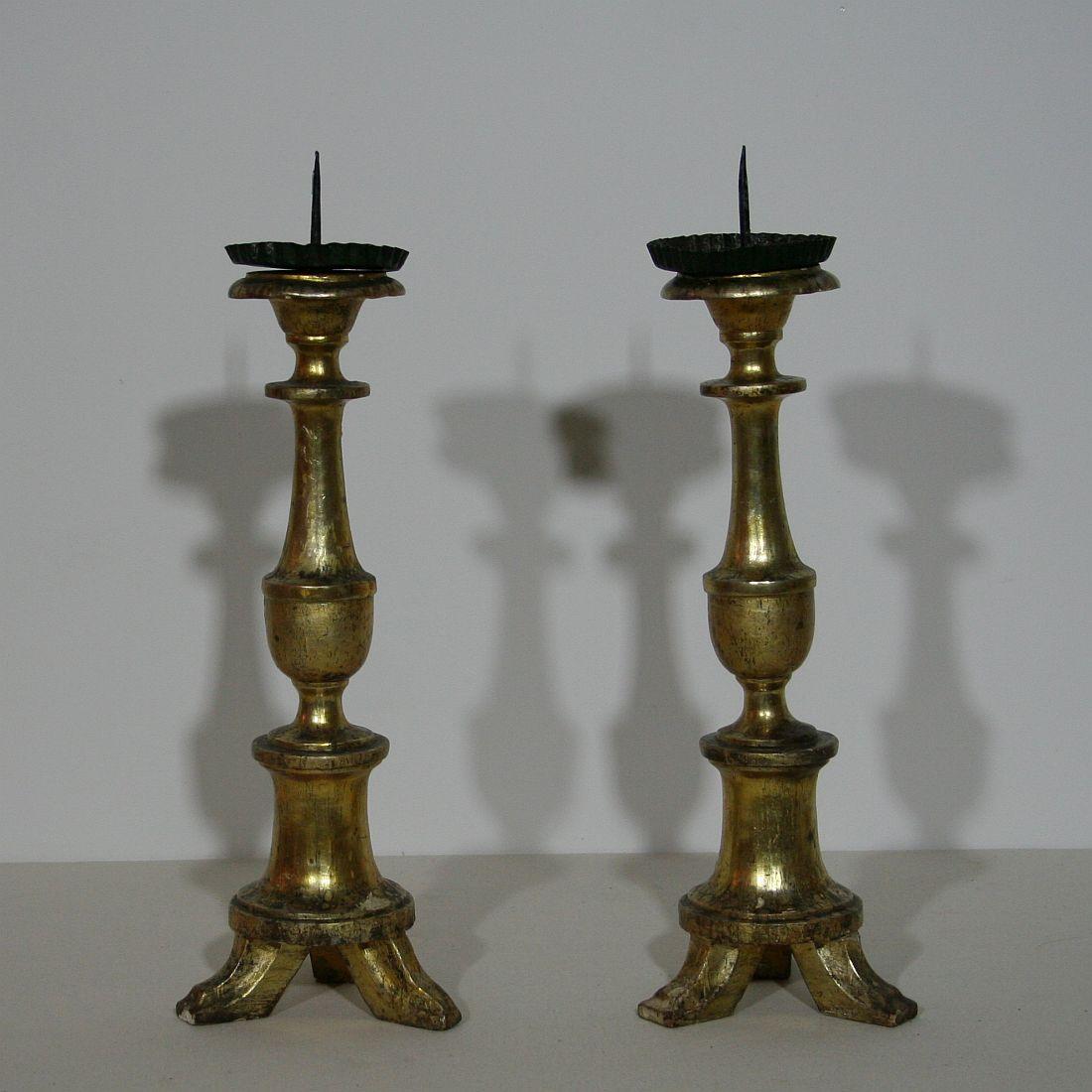 Neoclassical Pair of Late 18th-19th Century Italian Giltwood Candlesticks/ Candleholders