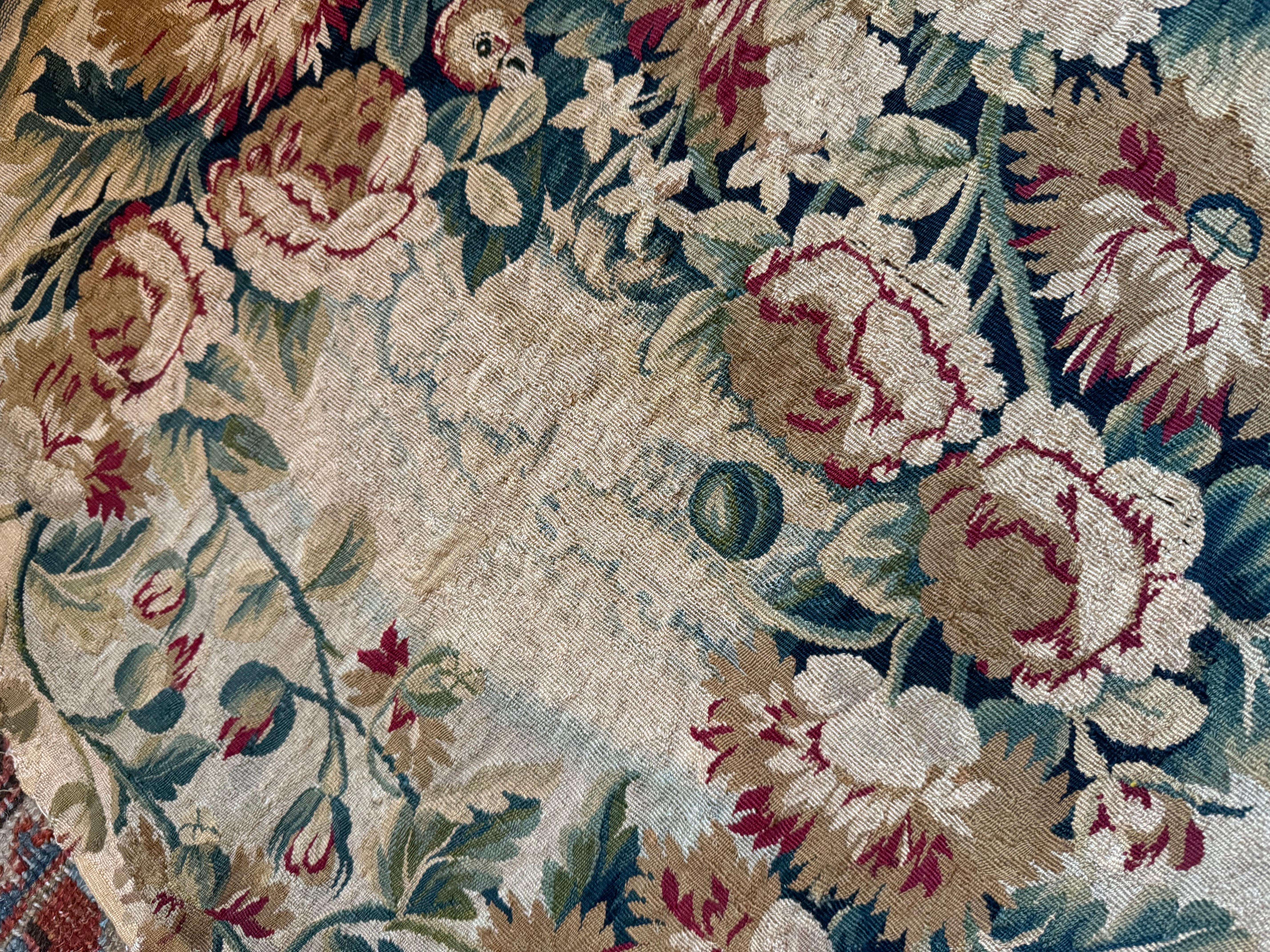 Pair of Late 18th C. French Aubusson Tapestry Silk & Wool Seat Fragment 10