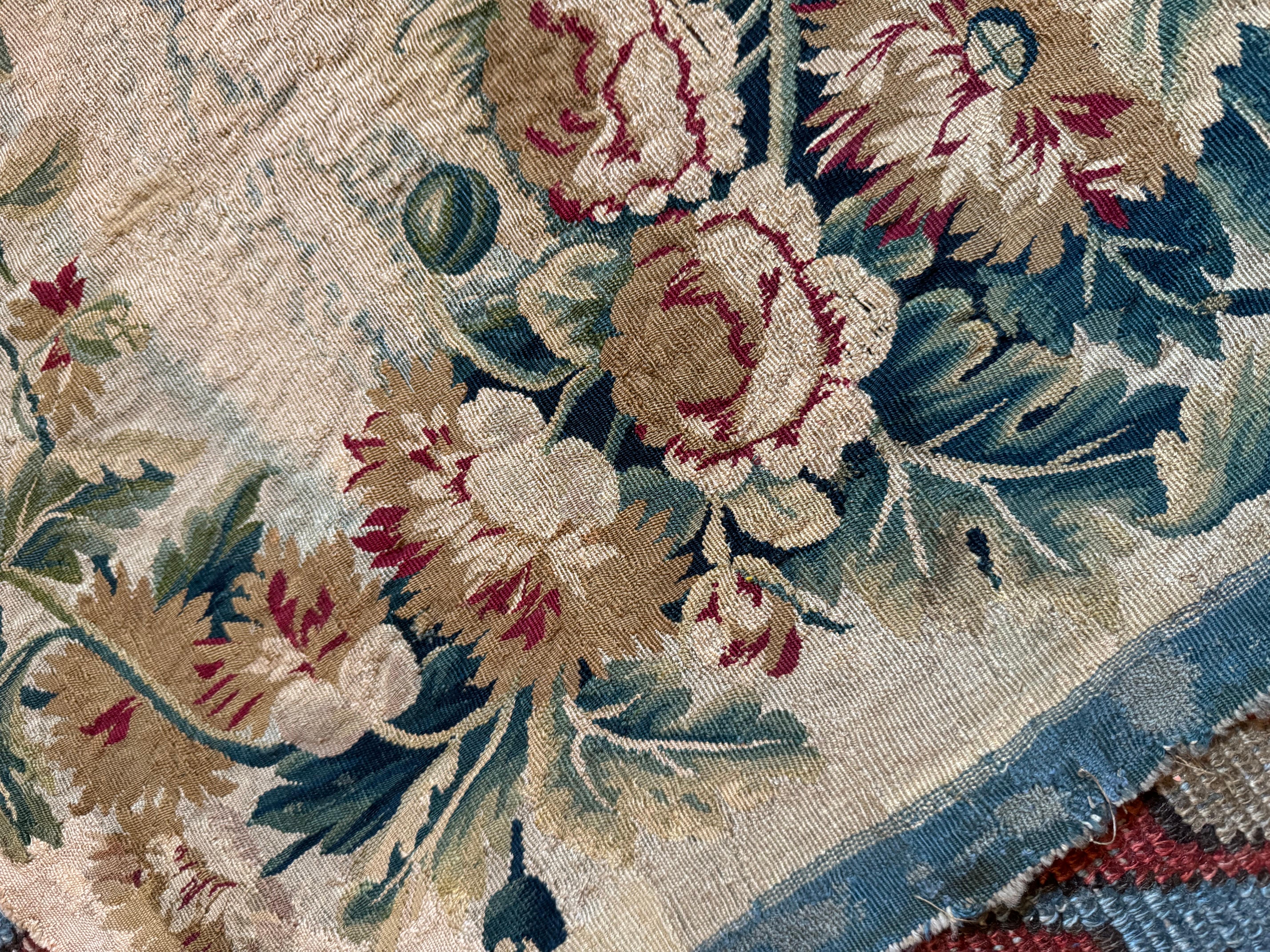 Pair of Late 18th C. French Aubusson Tapestry Silk & Wool Seat Fragment 11