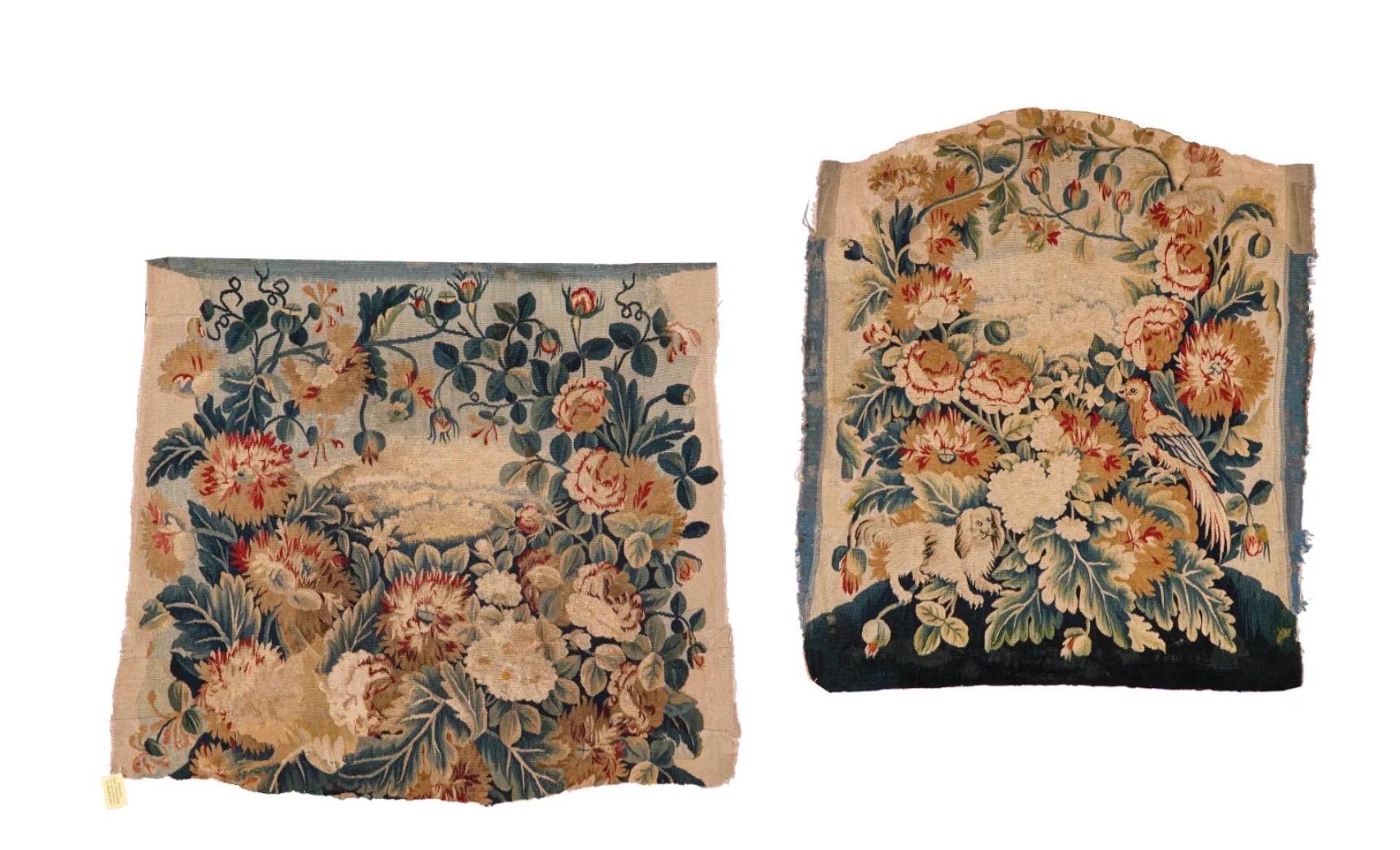 This is a pair of silk and wool chair back cover fragments from antique 18th Century French Aubusson chair.  Chair back woven in wools and silks, each with floral wreath embroidery of peonies, poppies, and other. The wreaths surrounding a central