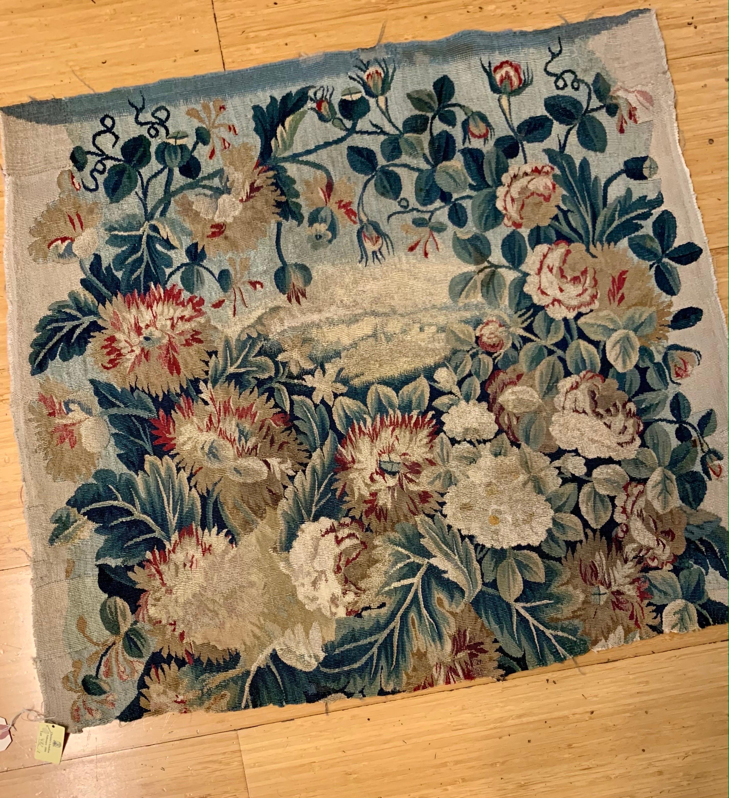 Hand-Woven Pair of Late 18th C. French Aubusson Tapestry Silk & Wool Seat Fragment
