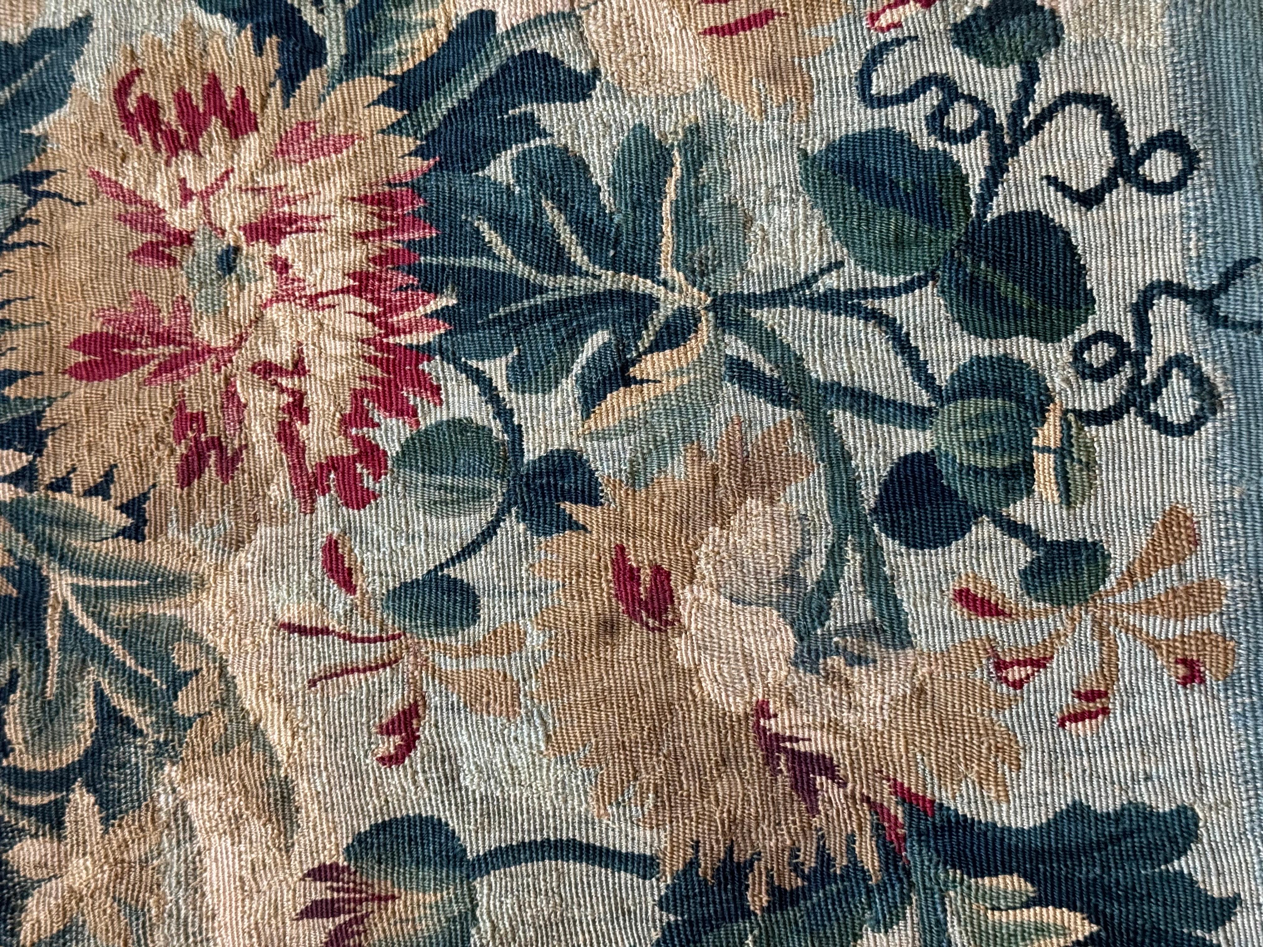 Pair of Late 18th C. French Aubusson Tapestry Silk & Wool Seat Fragment 1