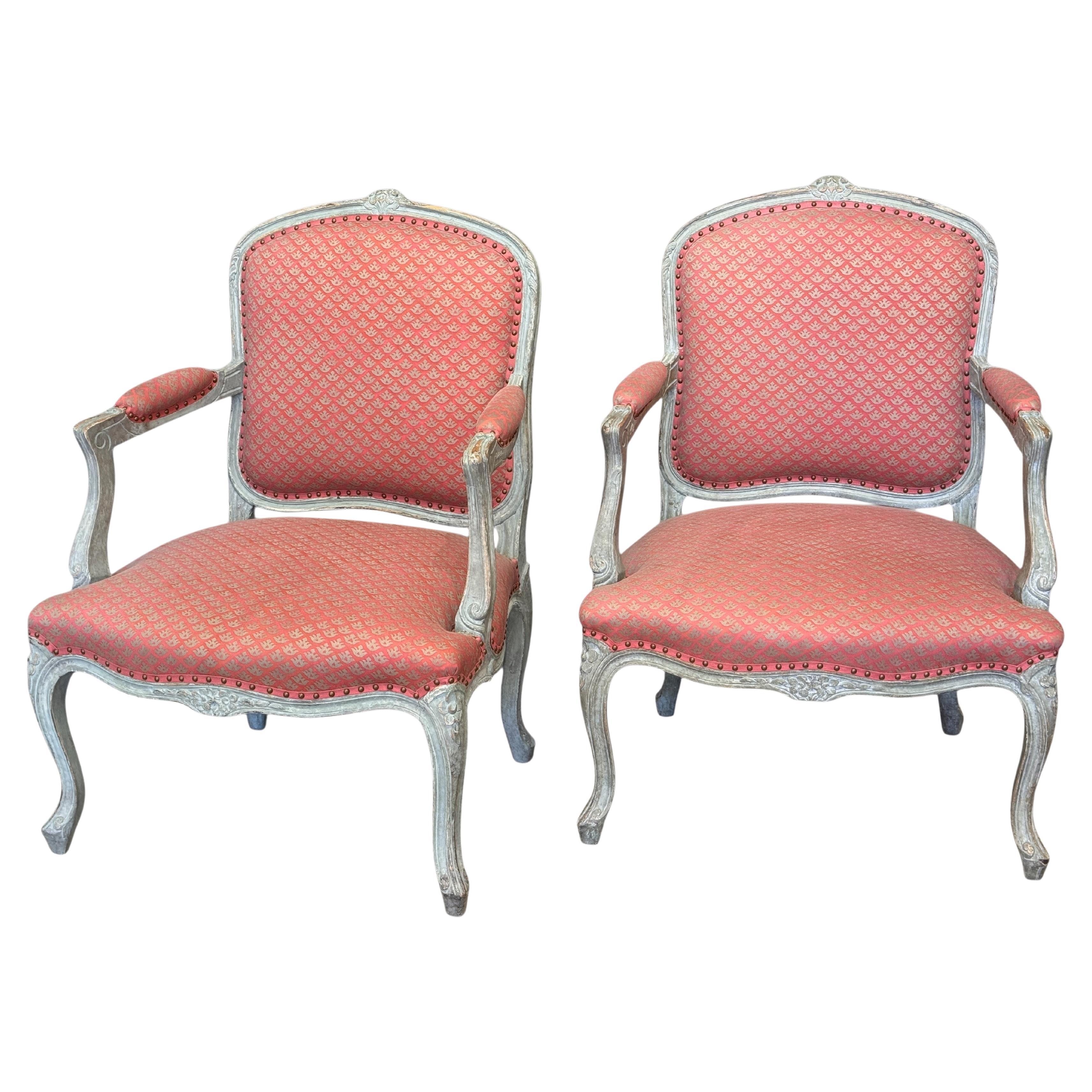 Pair of Late 18th C. French Fauteuils in Fortuny Fabric For Sale