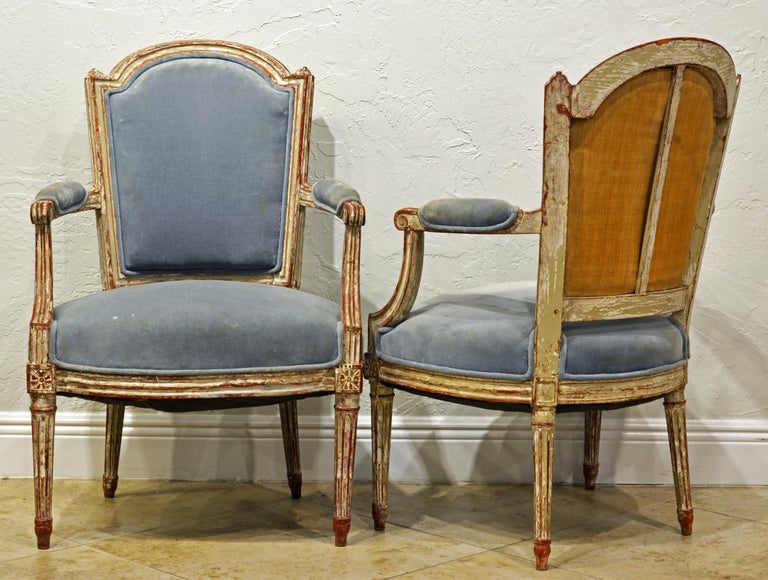 French Pair of Late 18th Century Louis XVI Carved and Painted Upholstered Armchairs