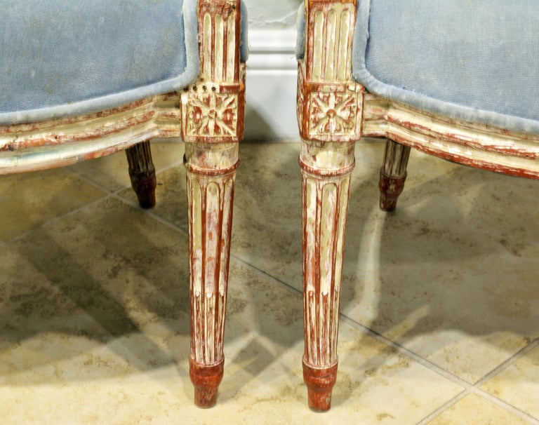 Wood Pair of Late 18th Century Louis XVI Carved and Painted Upholstered Armchairs