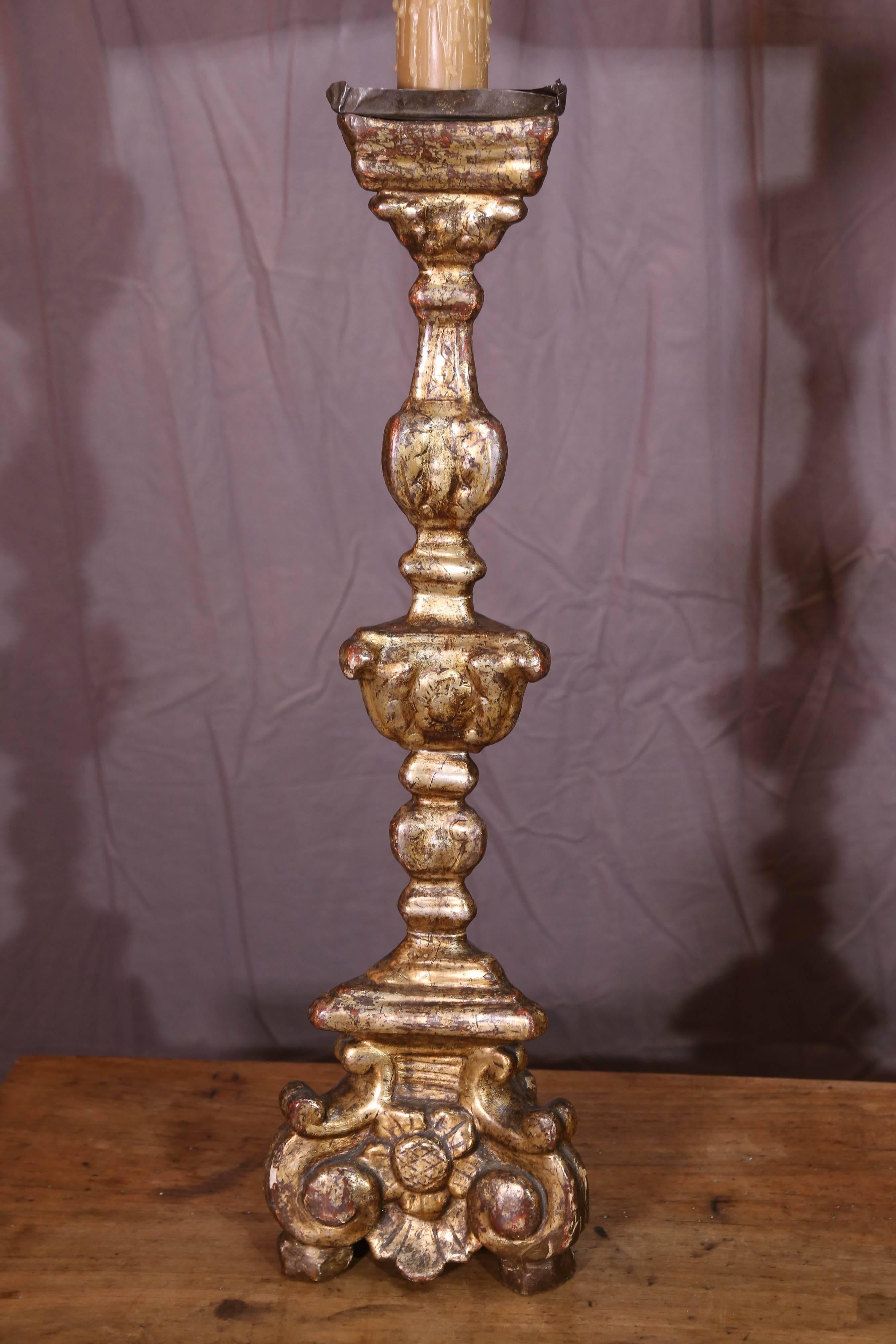 European Pair of Late 18th Century Baroque Altar Candlesticks Made into Lamps