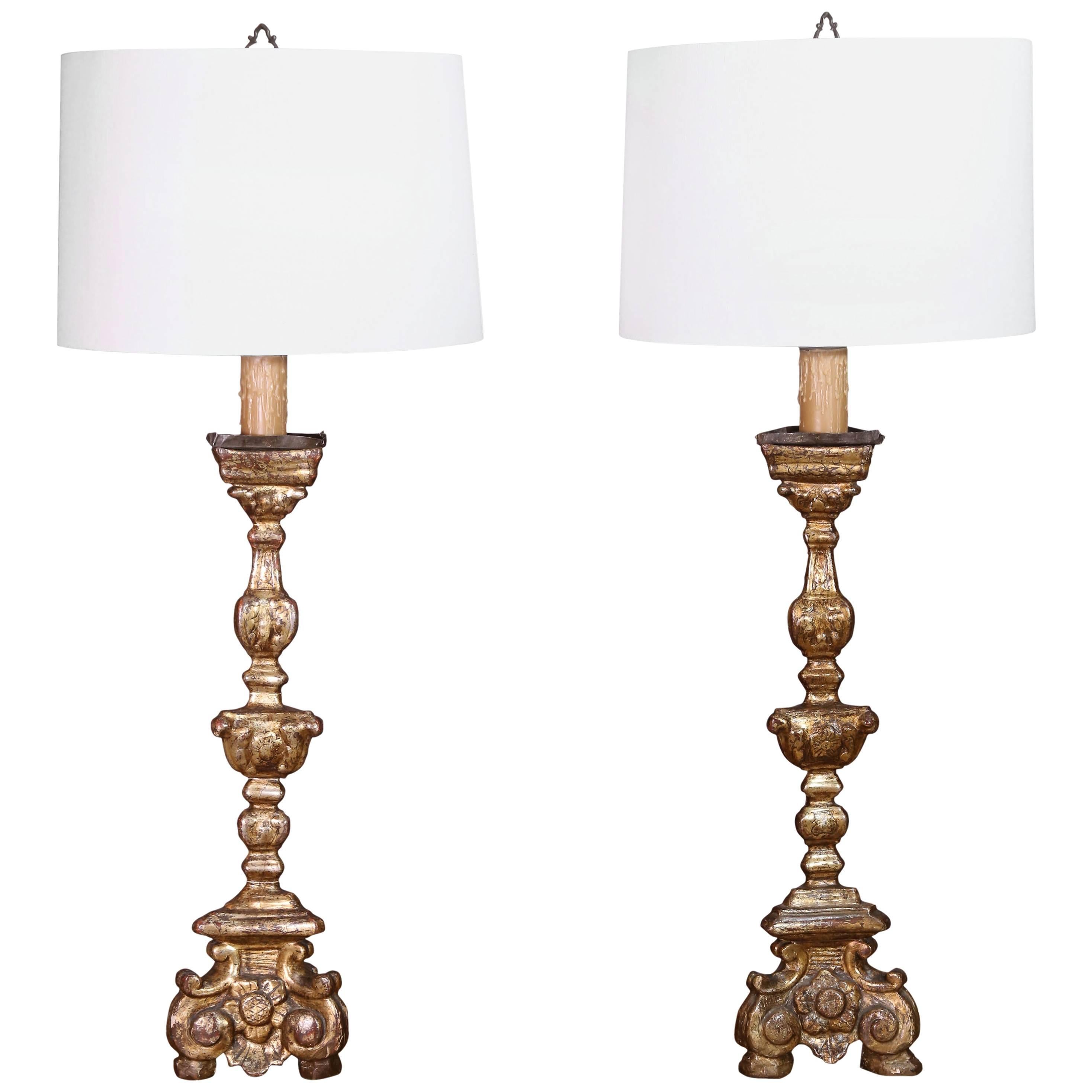 Pair of Late 18th Century Baroque Altar Candlesticks Made into Lamps