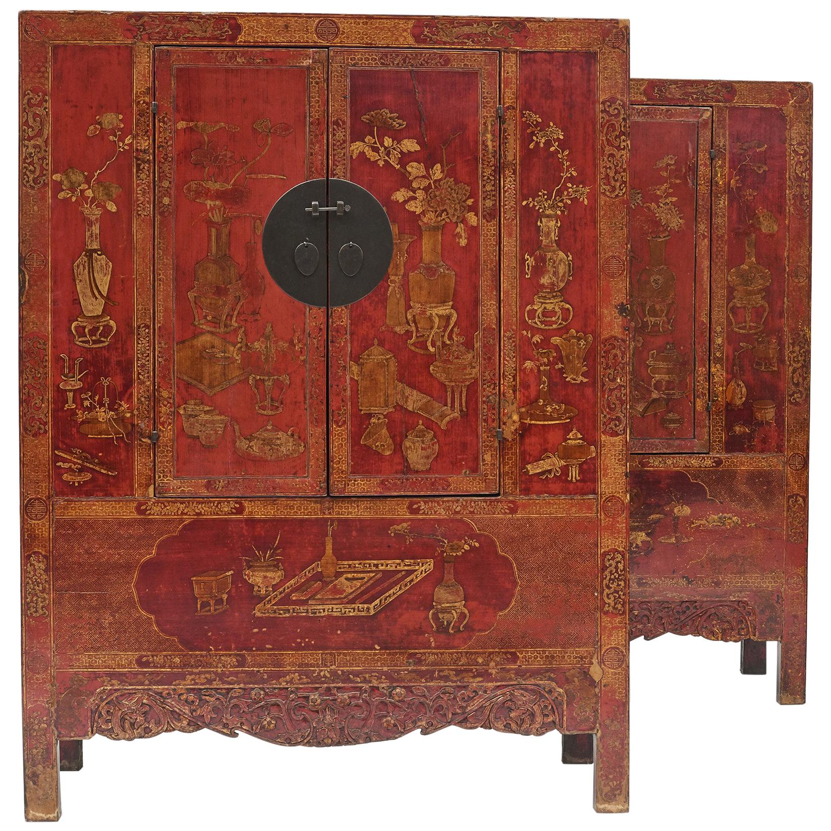 Pair of Late 18th Century Chinese Lacquered Cabinets with Original Decorations