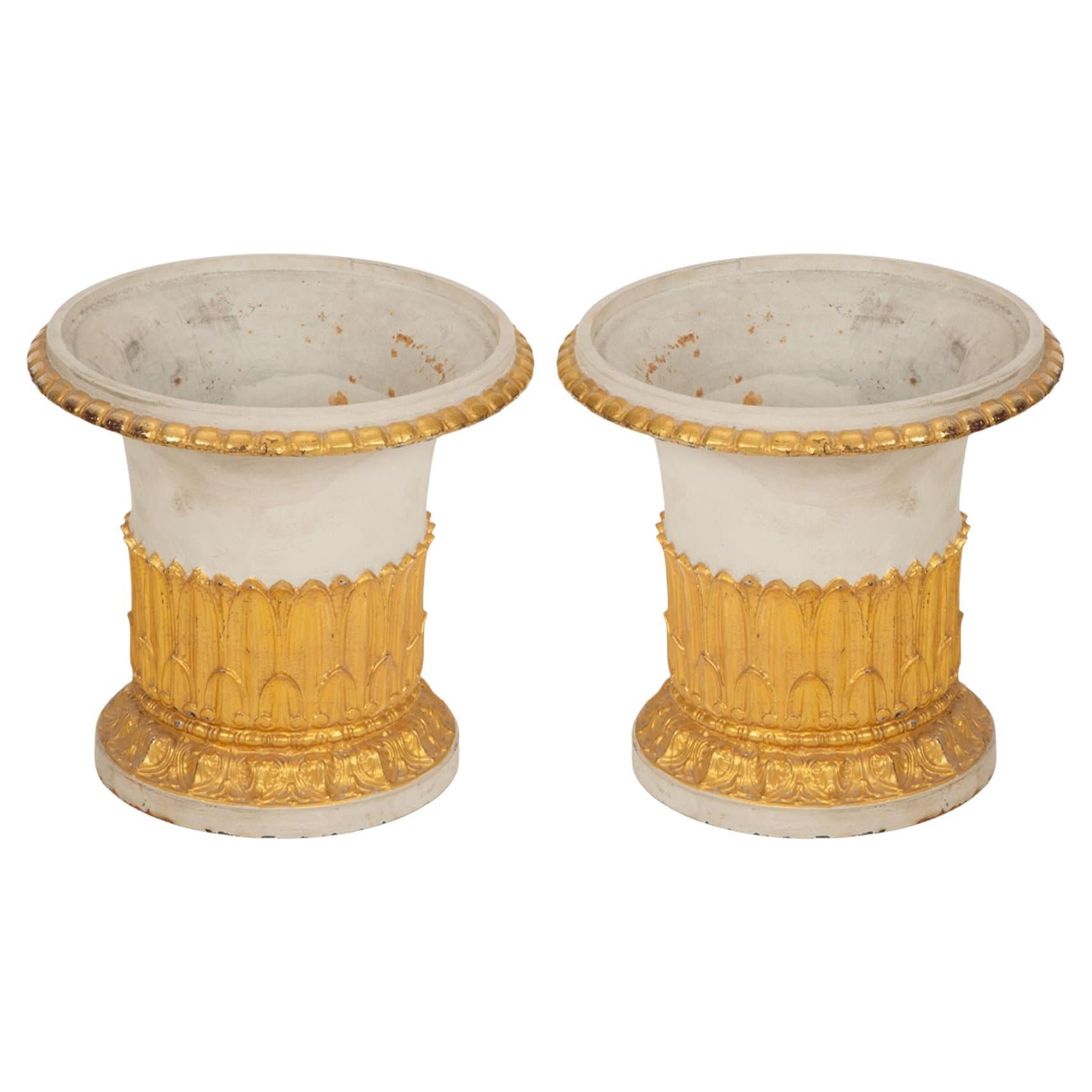 Pair of Late 18th Century French Cast Iron Planters w/ Gilt Acanthus Decoration For Sale