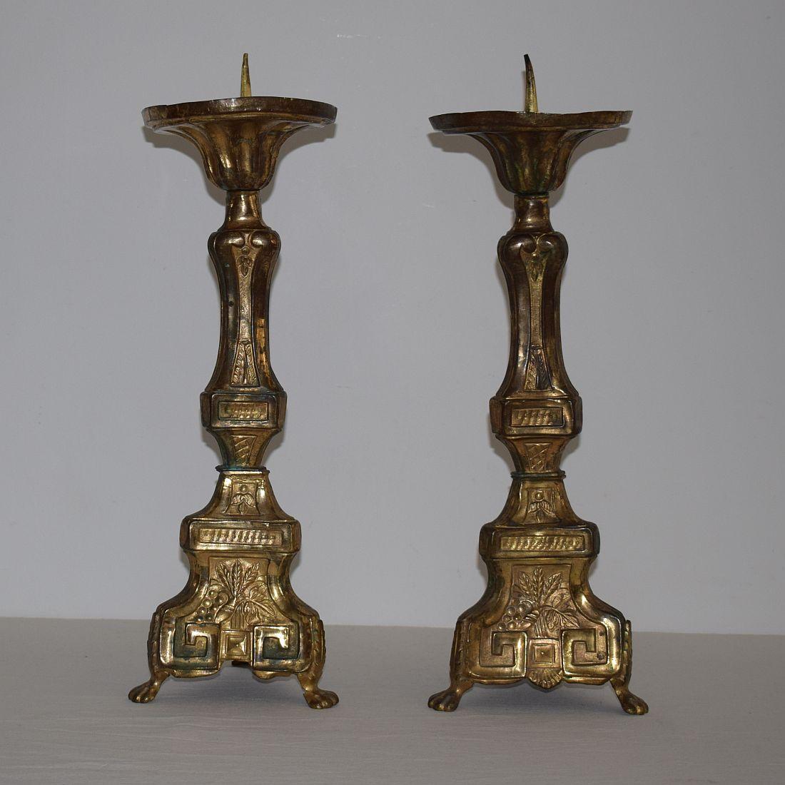 Gilt Pair of Late 18th Century French Louis XVI Fire Gilded Brass Candlesticks