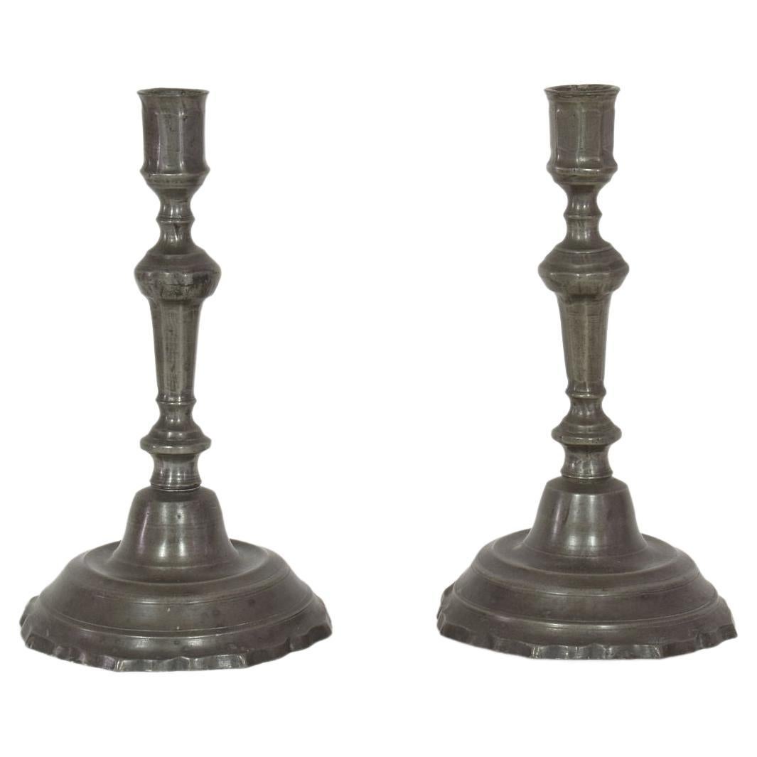Pair of Late 18th Century French Neoclassical Pewter Candleholders For Sale