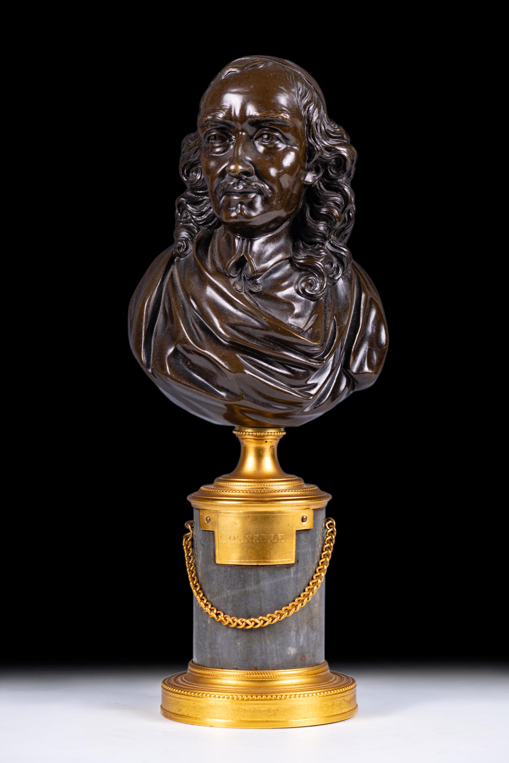 Paar französische patinierte Bronzebüsten von Racine und Corneille aus dem späten 18. (18. Jahrhundert) im Angebot