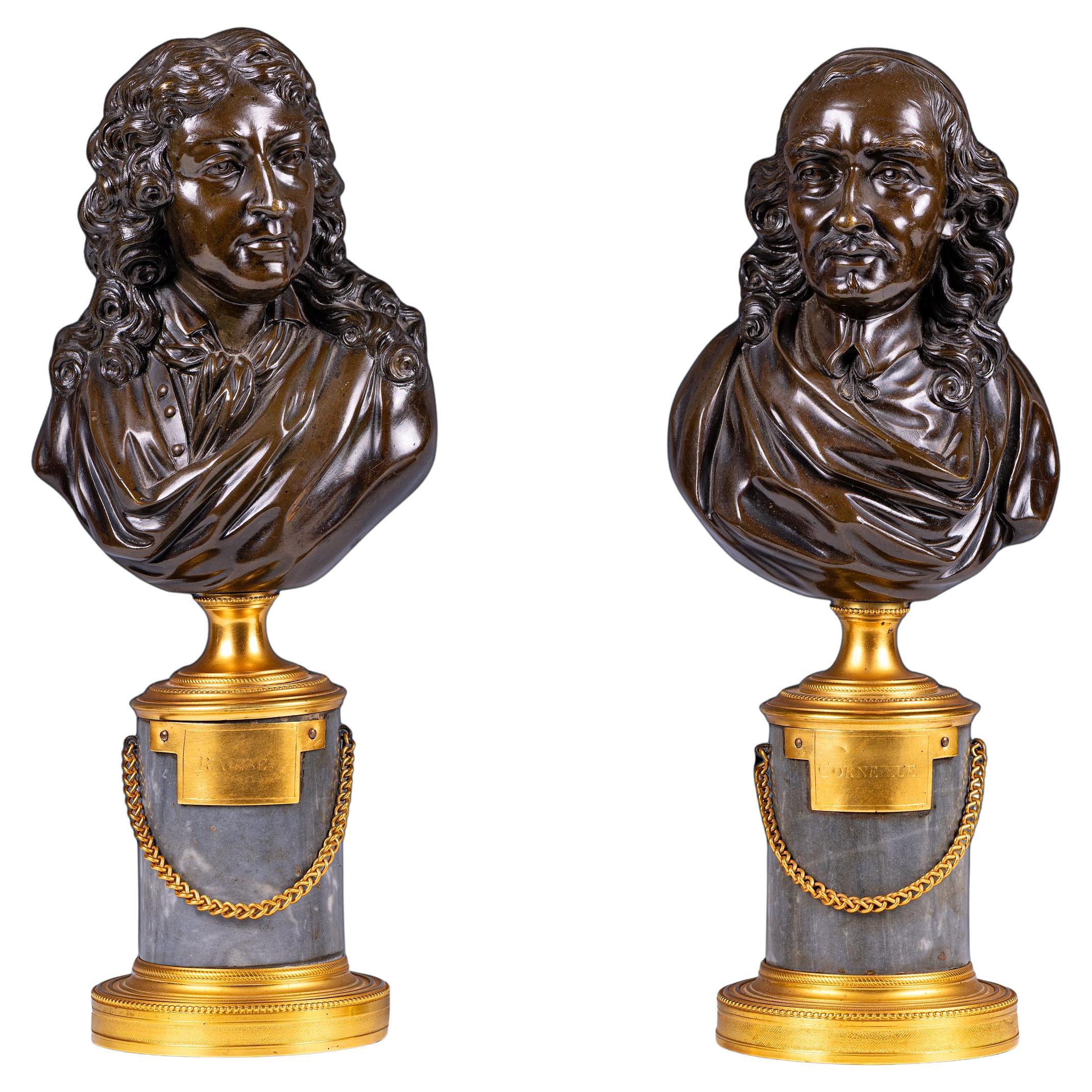 Coppia di busti di Racine e Corneille in bronzo patinato francese della fine del XVIII secolo
