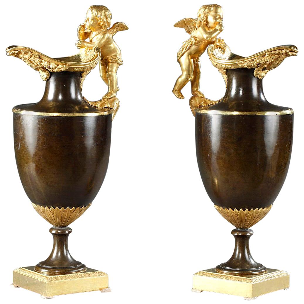 Pair of Late 18th Century Gilt and Patinated Bronze Ewers