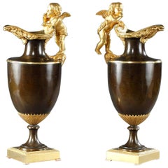 Antique Pair of Late 18th Century Gilt and Patinated Bronze Ewers