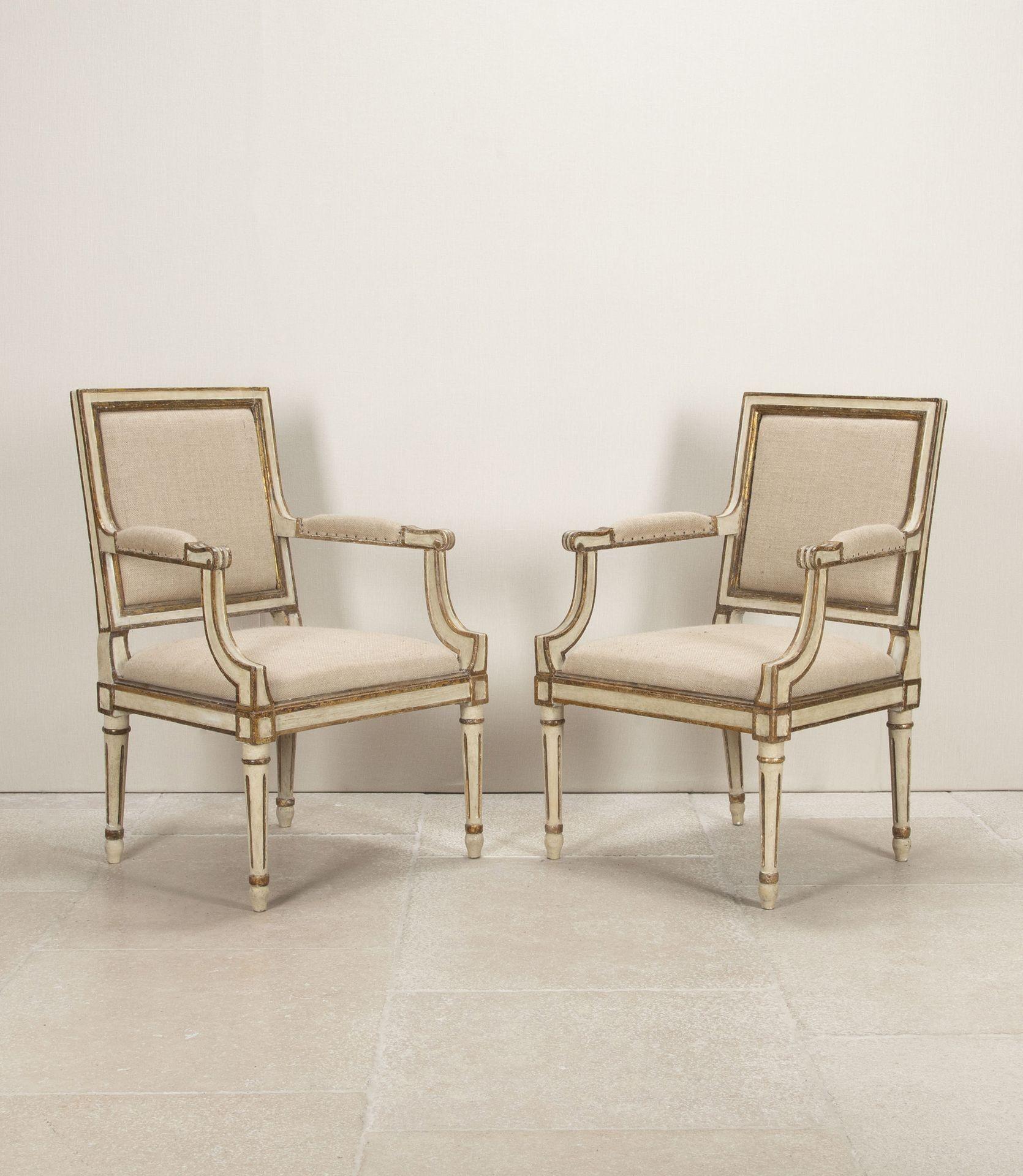 An elegant pair of late 18th Century Italian fauteuils retaining their original cream and gilt decoration. Inspired by the Louis XVI style emanating from France, the simple Neo-classical lines offer elegant and stylish simplicity. Recovered in a raw