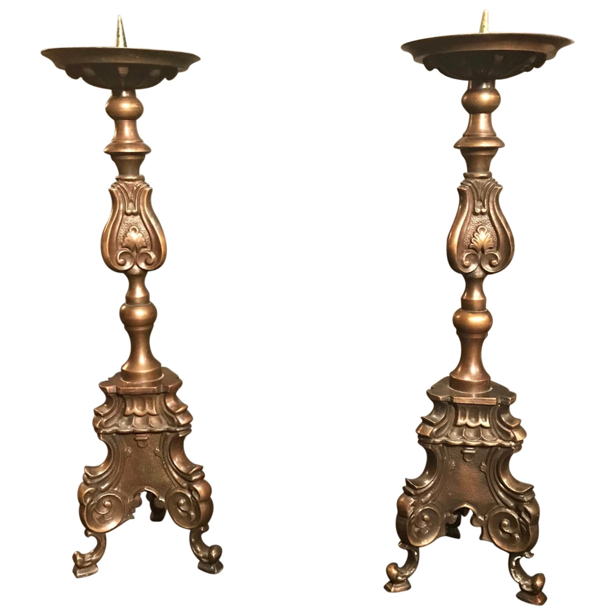 Pair of Late 18th Century Italian Bronze Baroque Pricket Candlesticks