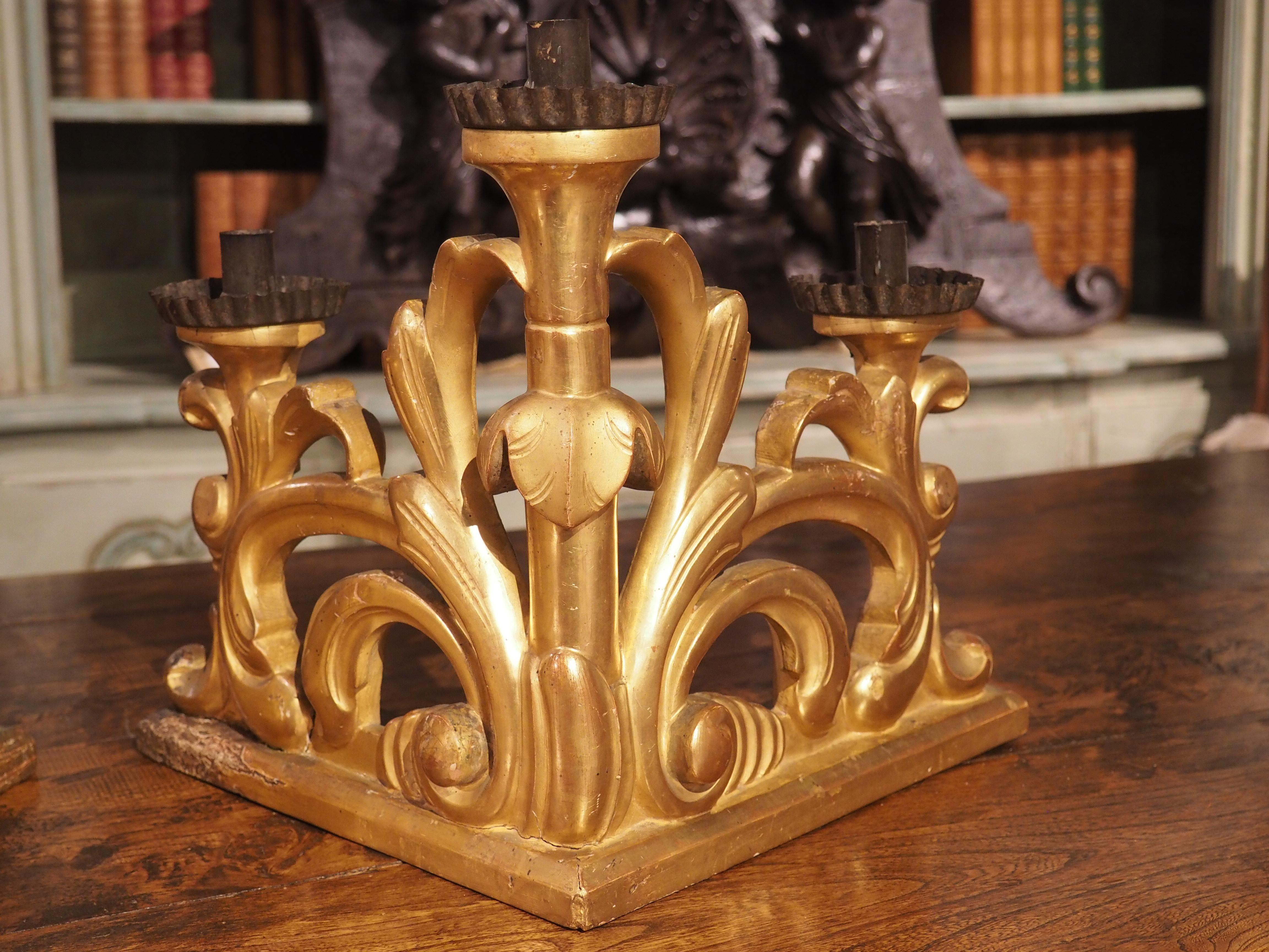 Hand-Carved Pair of Late 18th Century Italian Giltwood Baroque Candlesticks For Sale