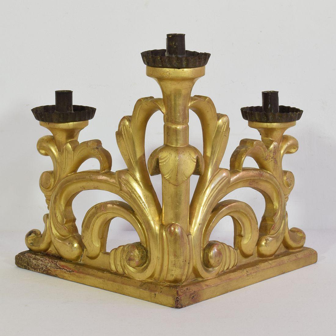 Spectacular pair of late Baroque candleholders.
Italy, circa 1760-1780.
Weathered and small losses.
More photo's available on request.
   