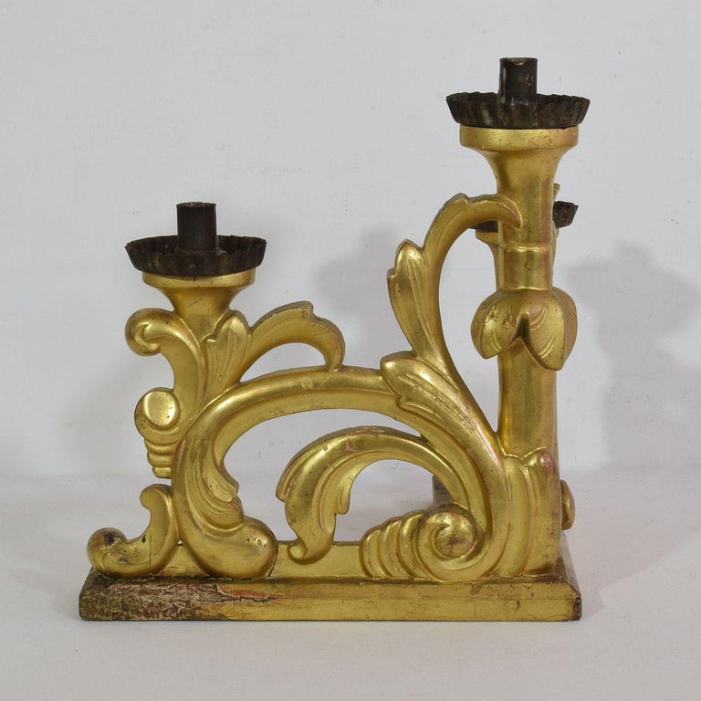Hand-Carved Pair of Late 18th Century Italian Giltwood Baroque Candlesticks or Candleholders