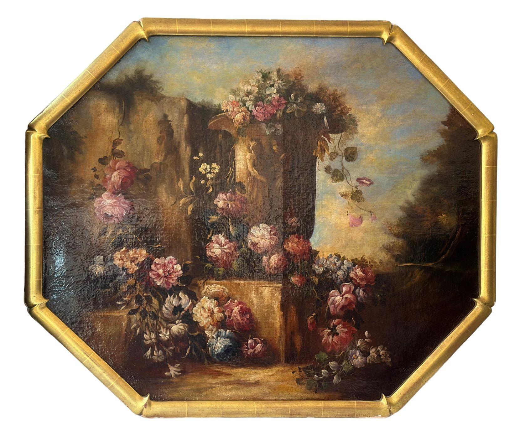 Ein traditionelles Paar von Stillleben in Öl auf Leinwand, die jeweils eine Urne im neoklassischen Stil mit menschlichen Figuren darstellen. Jede Urne ist im Inneren mit Blumen geschmückt und umgibt die Szene, die sich im Freien abspielt, aber