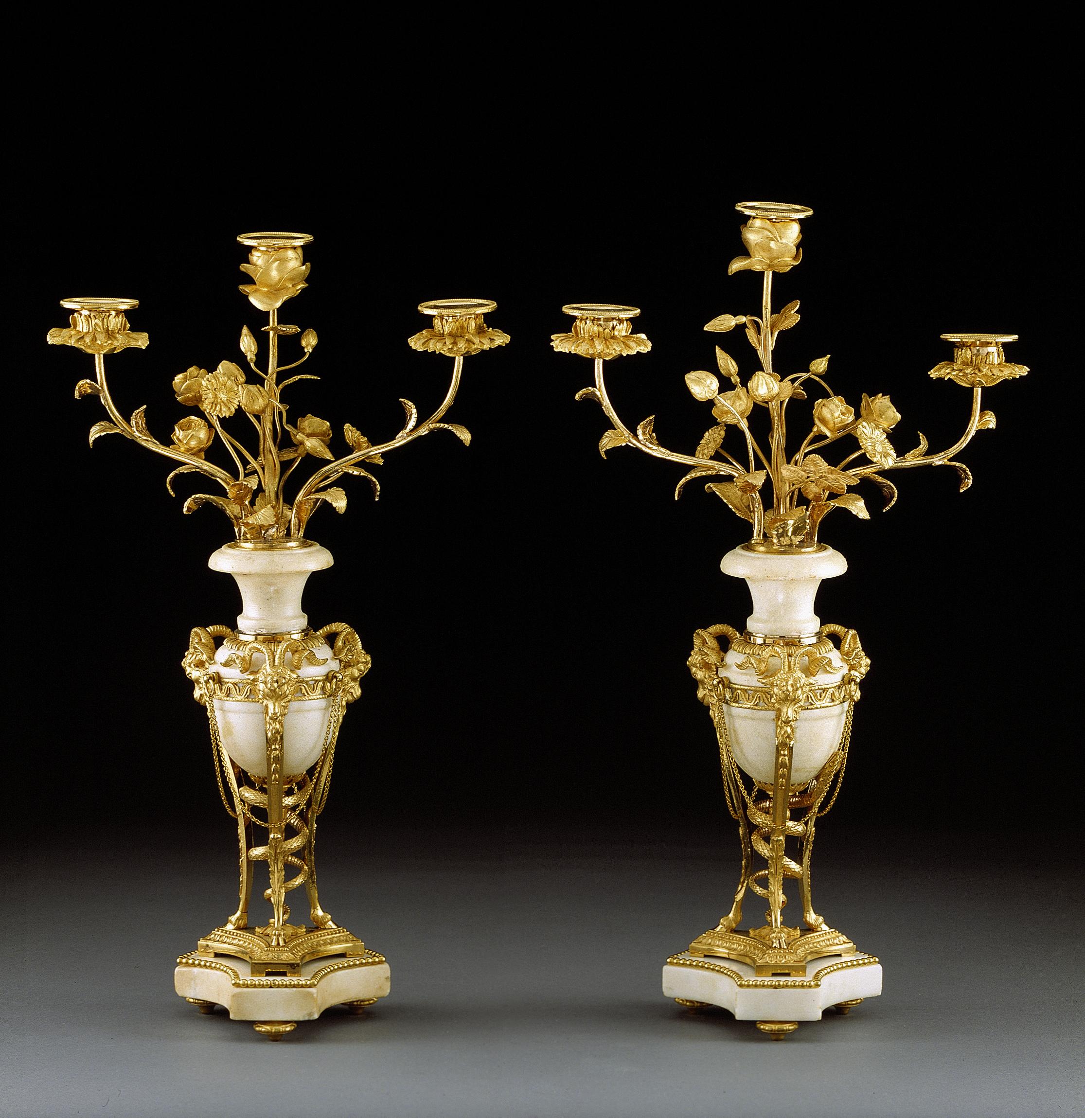 French Pair of Late 18th Century Louis XVI Ormolu and White Marble Candelabra For Sale