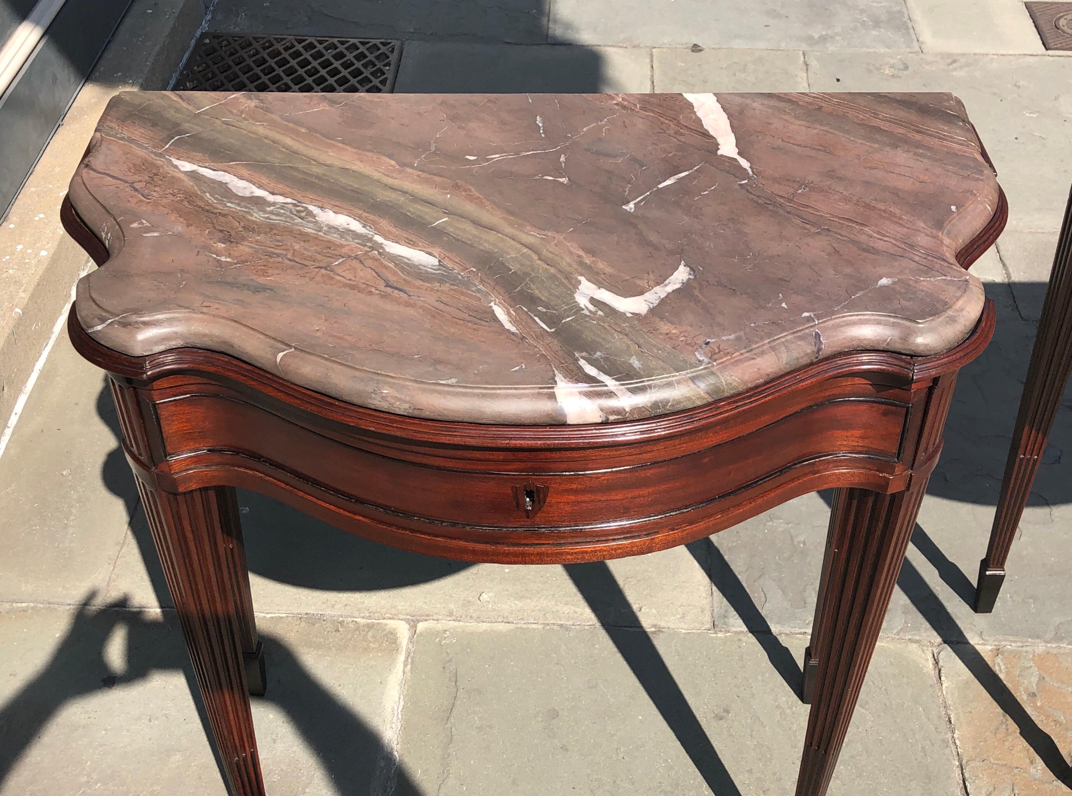 Inlay Pair of Late 18th Century Mahogany and Marble English Console Tables For Sale