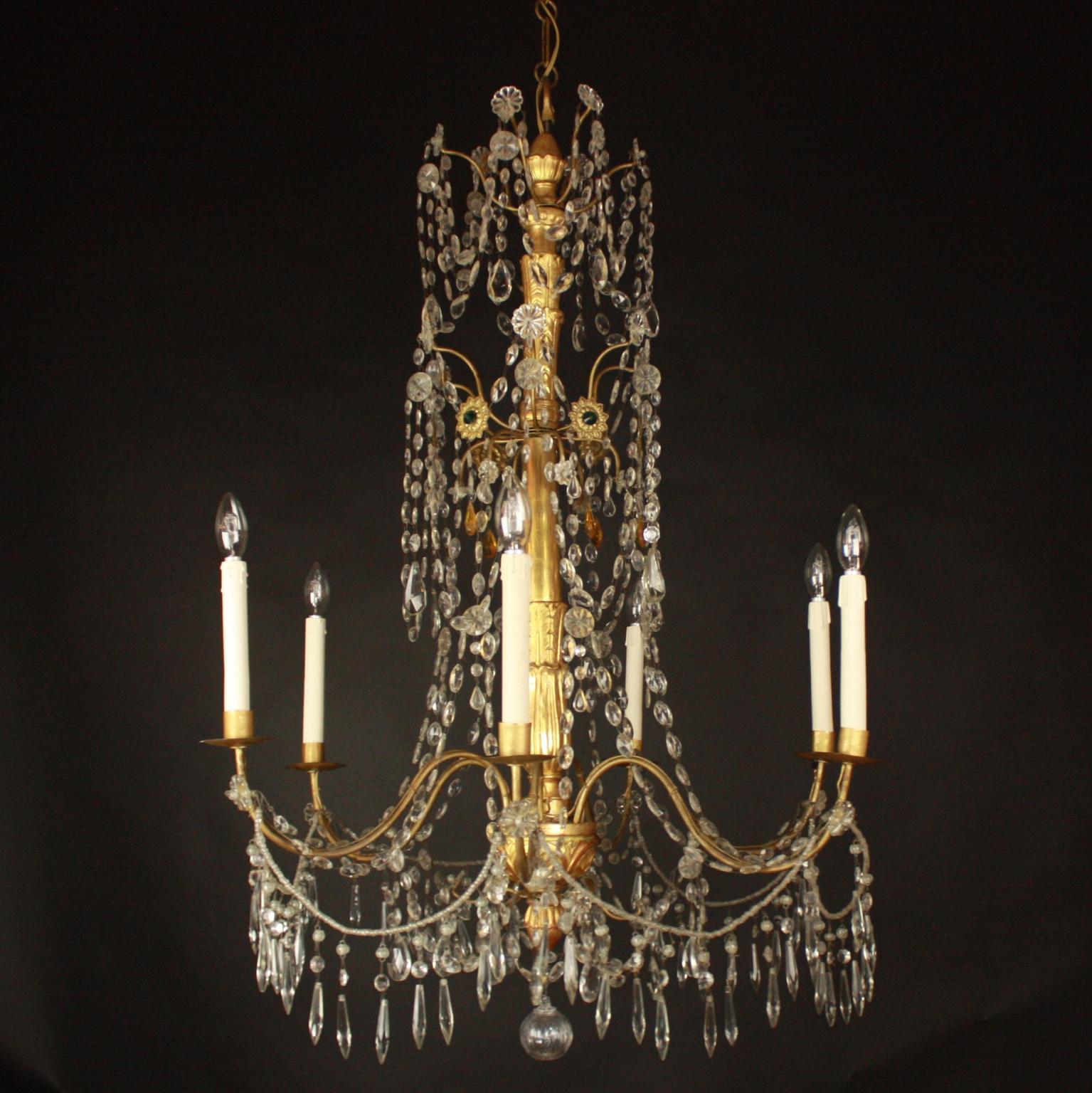 Italian Pair of Late 18th Century Neoclassical Genoa/Italy Giltwood Crystal Chandeliers