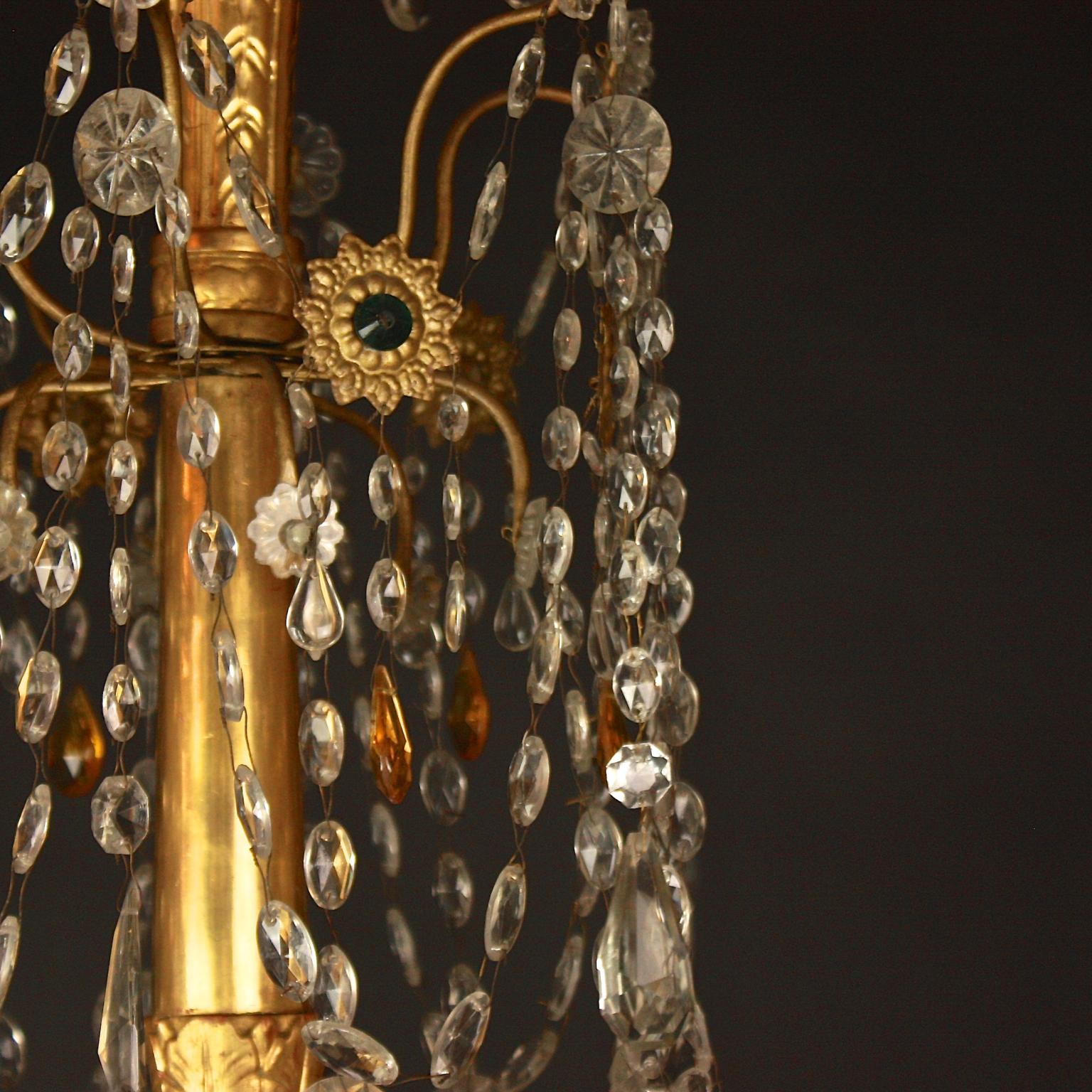 Metal Pair of Late 18th Century Neoclassical Genoa/Italy Giltwood Crystal Chandeliers