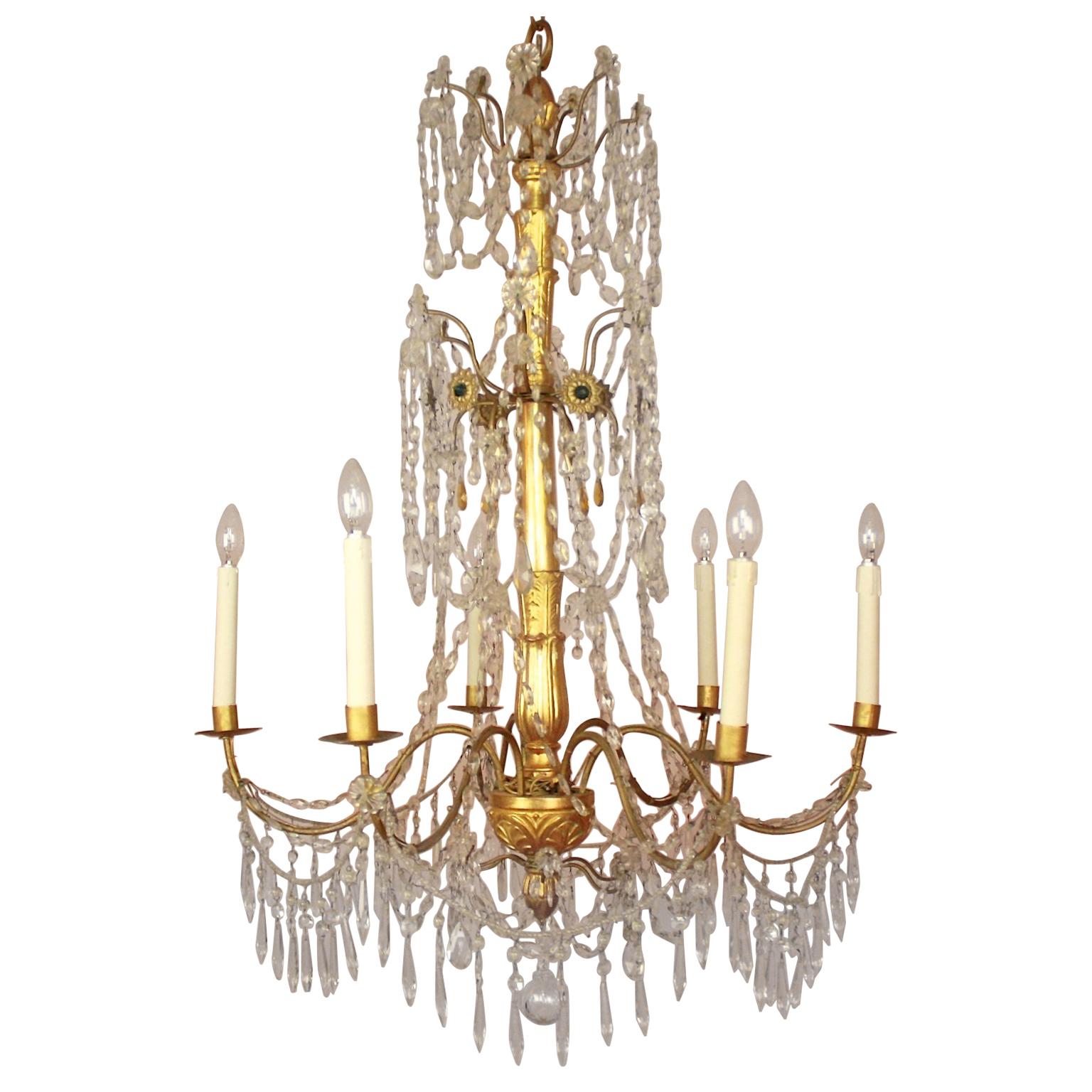 Pair of Late 18th Century Neoclassical Genoa/Italy Giltwood Crystal Chandeliers